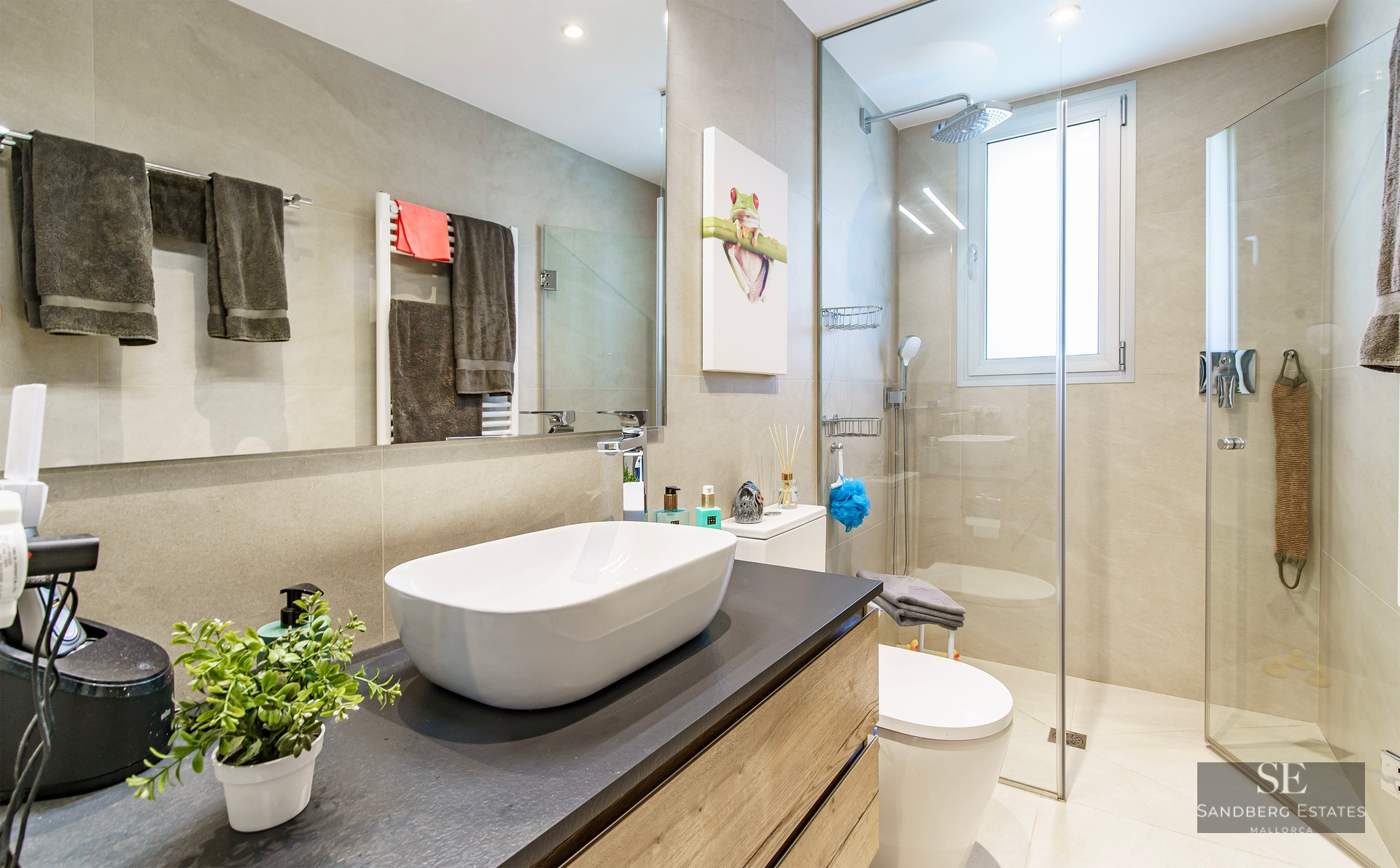 Modern bathroom featuring a white vessel sink on a dark vanity, glass-enclosed shower, and large mirror.