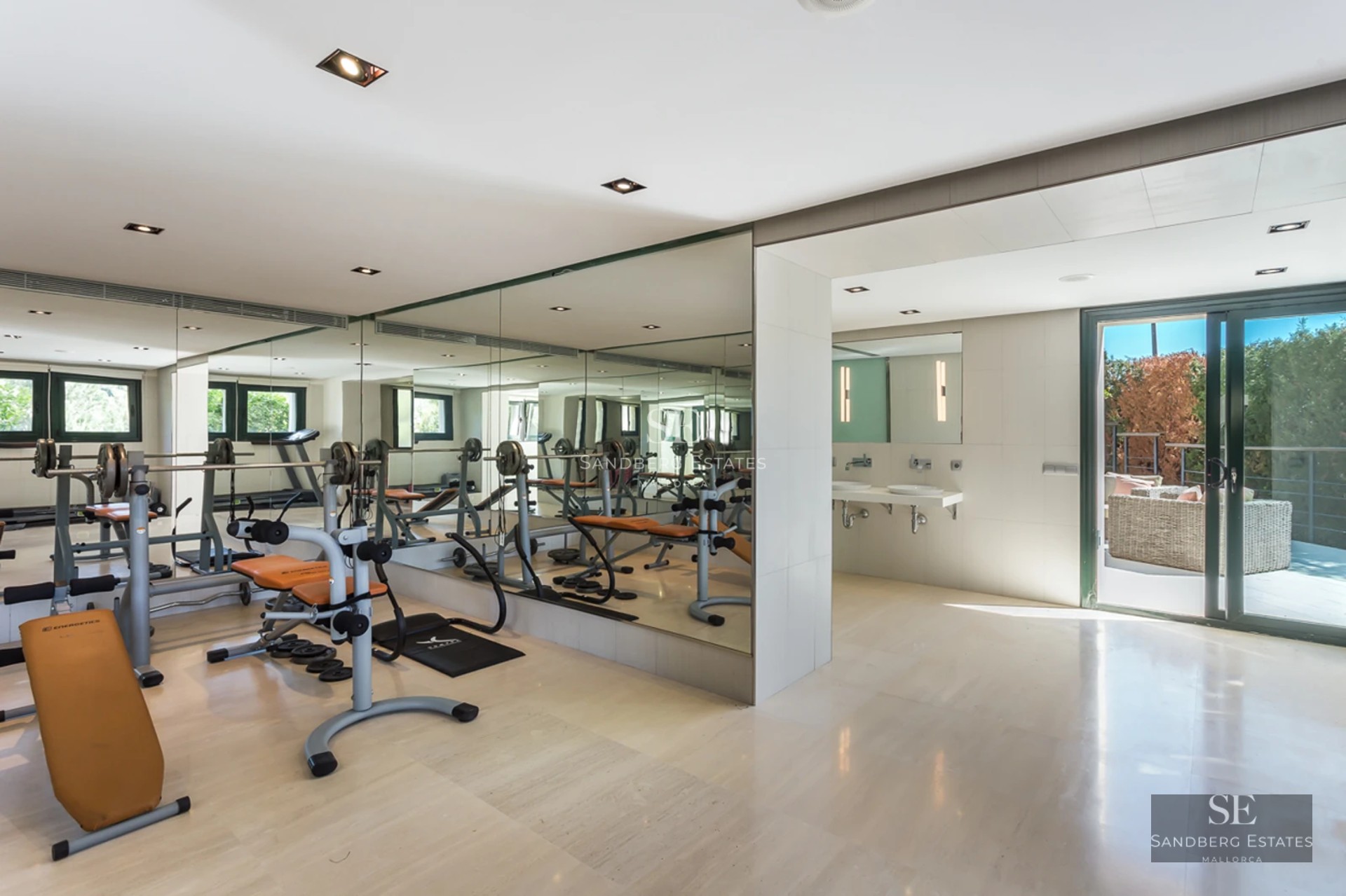 Spacious living room with floor-to-ceiling windows, light wood floors, modern fireplace, and minimalist design. Abundant natural light.