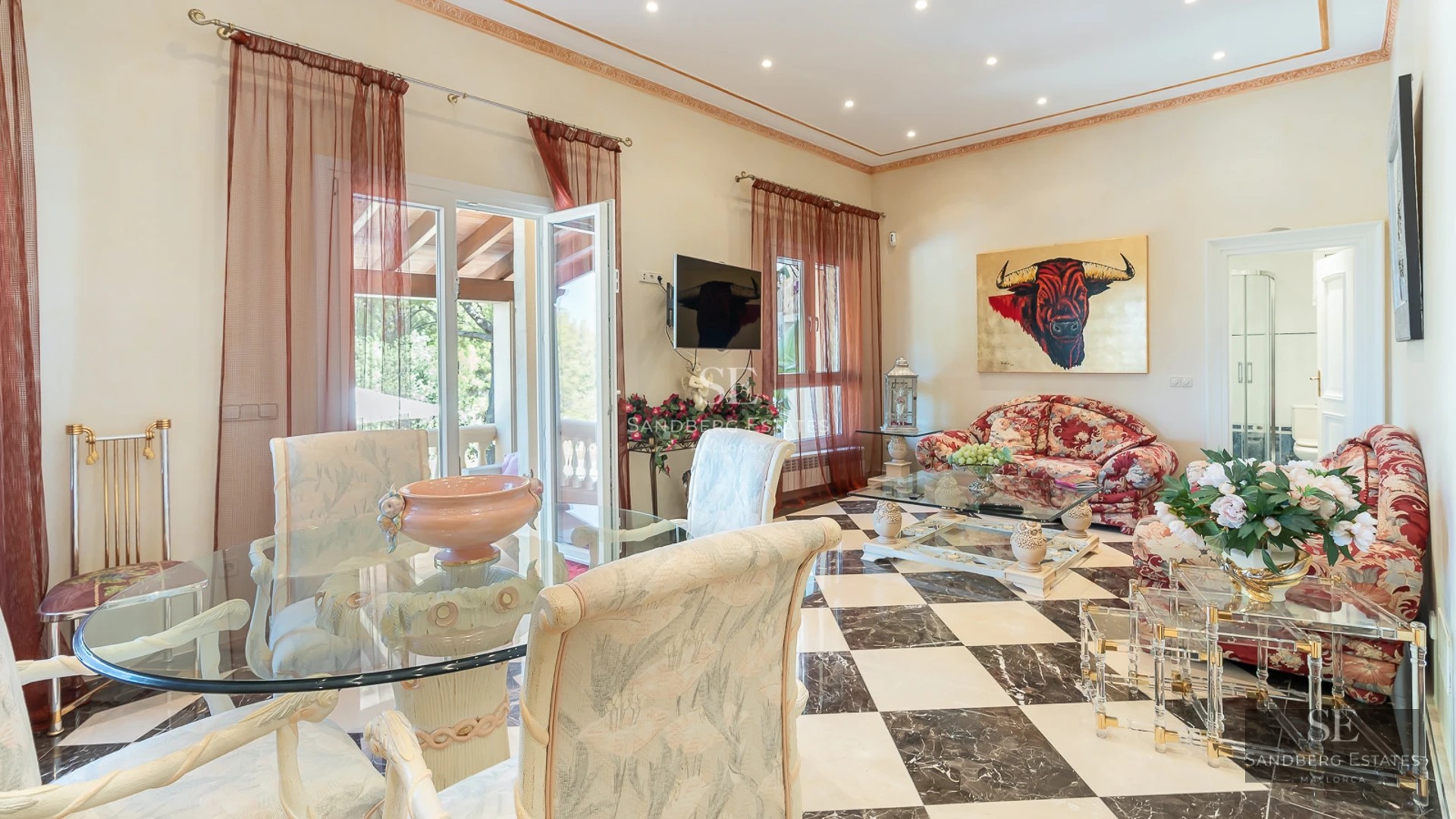 Exterior view of a modern villa with a pool. Clean architecture, large windows, lush gardens, and manicured landscaping. Minimalist design.