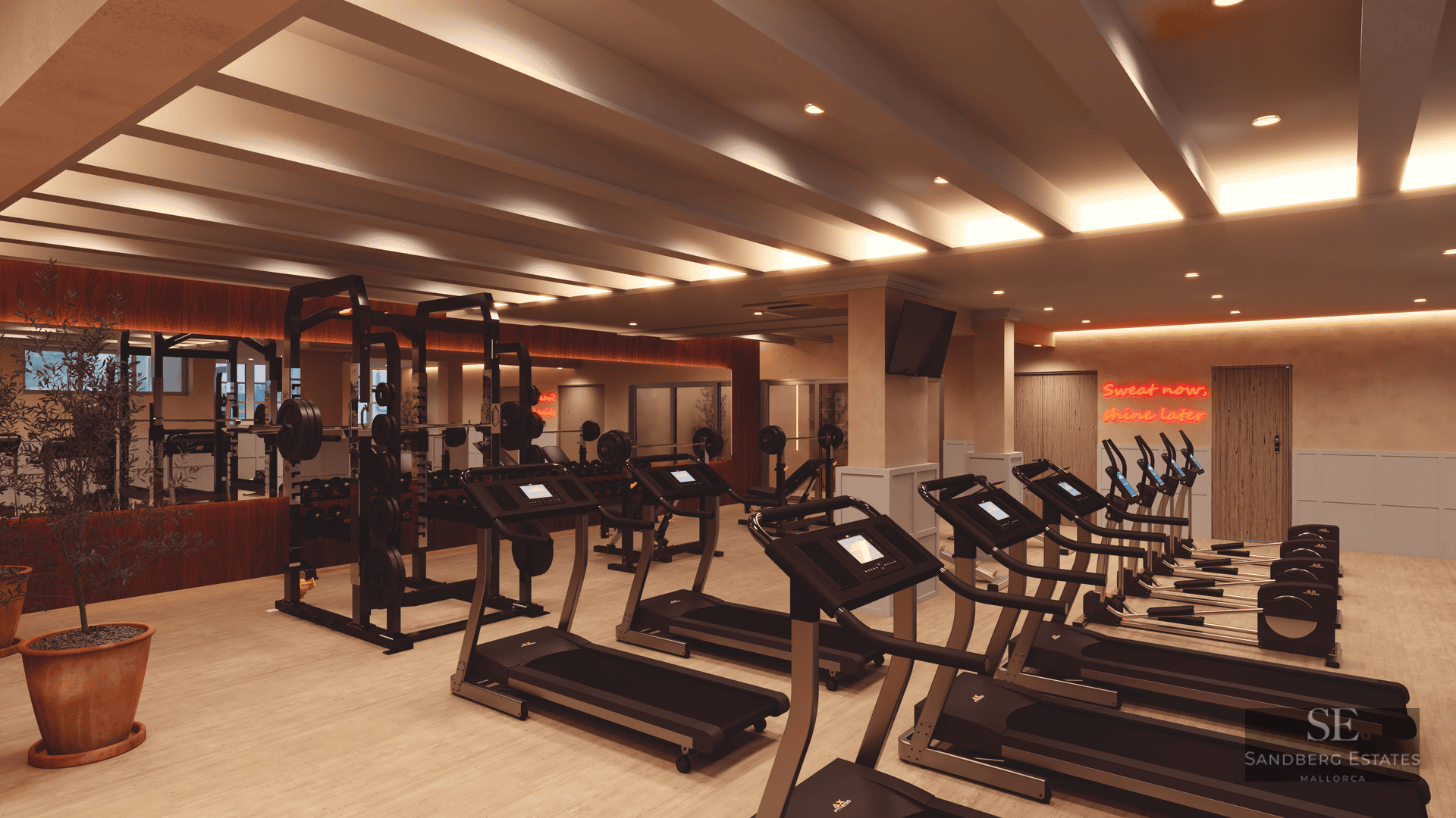 Salle de sport moderne avec tapis de course, poids et éclairage chaleureux avec un panneau néon.