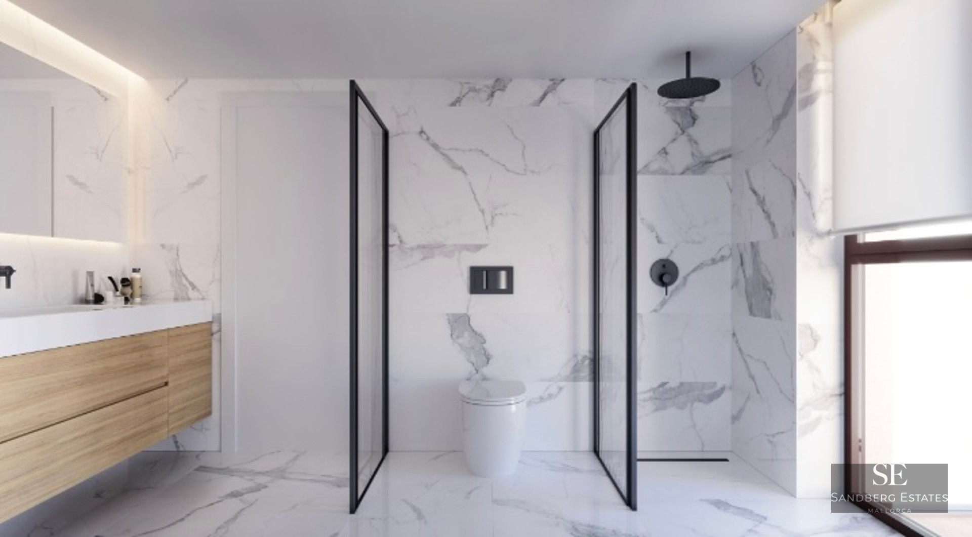 Contemporary bathroom featuring marble walls, a walk-in shower with black frames, and a wooden floating vanity.