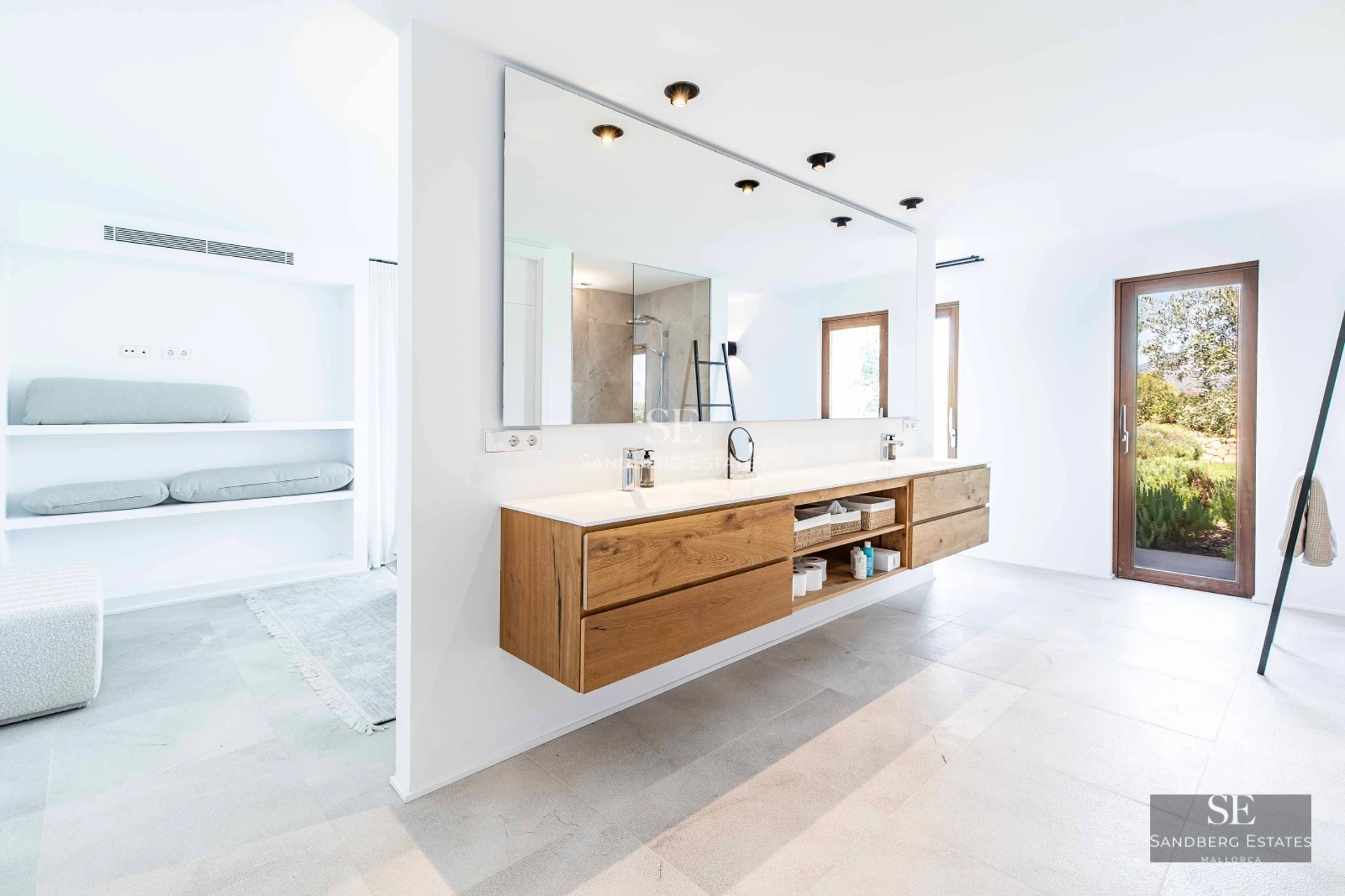 Villa view with pool. Modern design, clean lines, large window, turquoise pool, manicured lawn, clear sky.