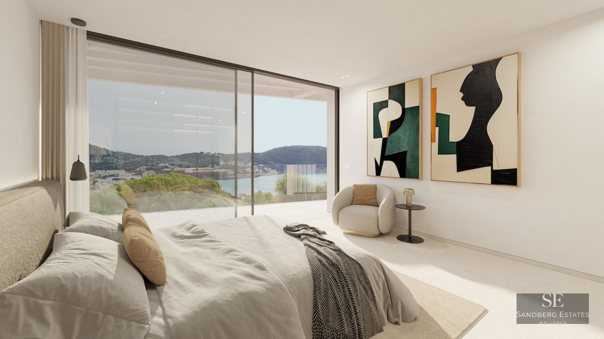 Modern master bedroom with floor-to-ceiling glass doors opening to a scenic coastal and sea view.