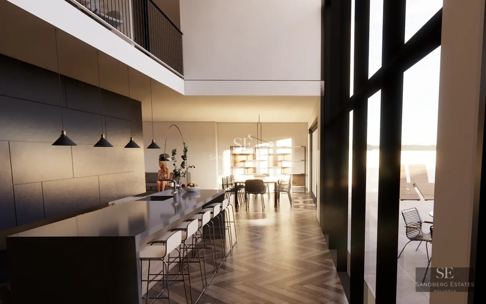 Spacious balcony with panoramic sea views. Modern design with glass railing and elegant furniture for enjoying the outdoors.