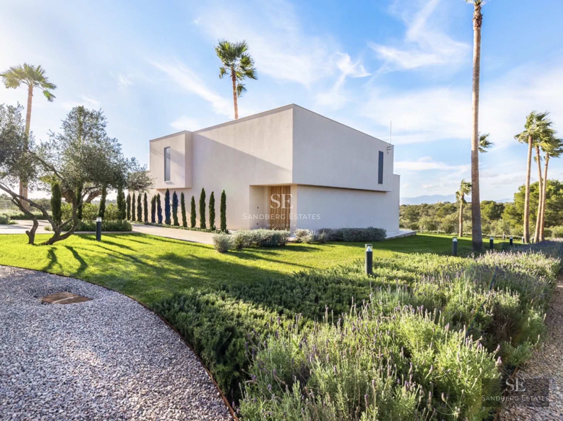 View of a luxurious modern villa with pool. Sleek design, large windows, sunny terrace, and lush greenery.