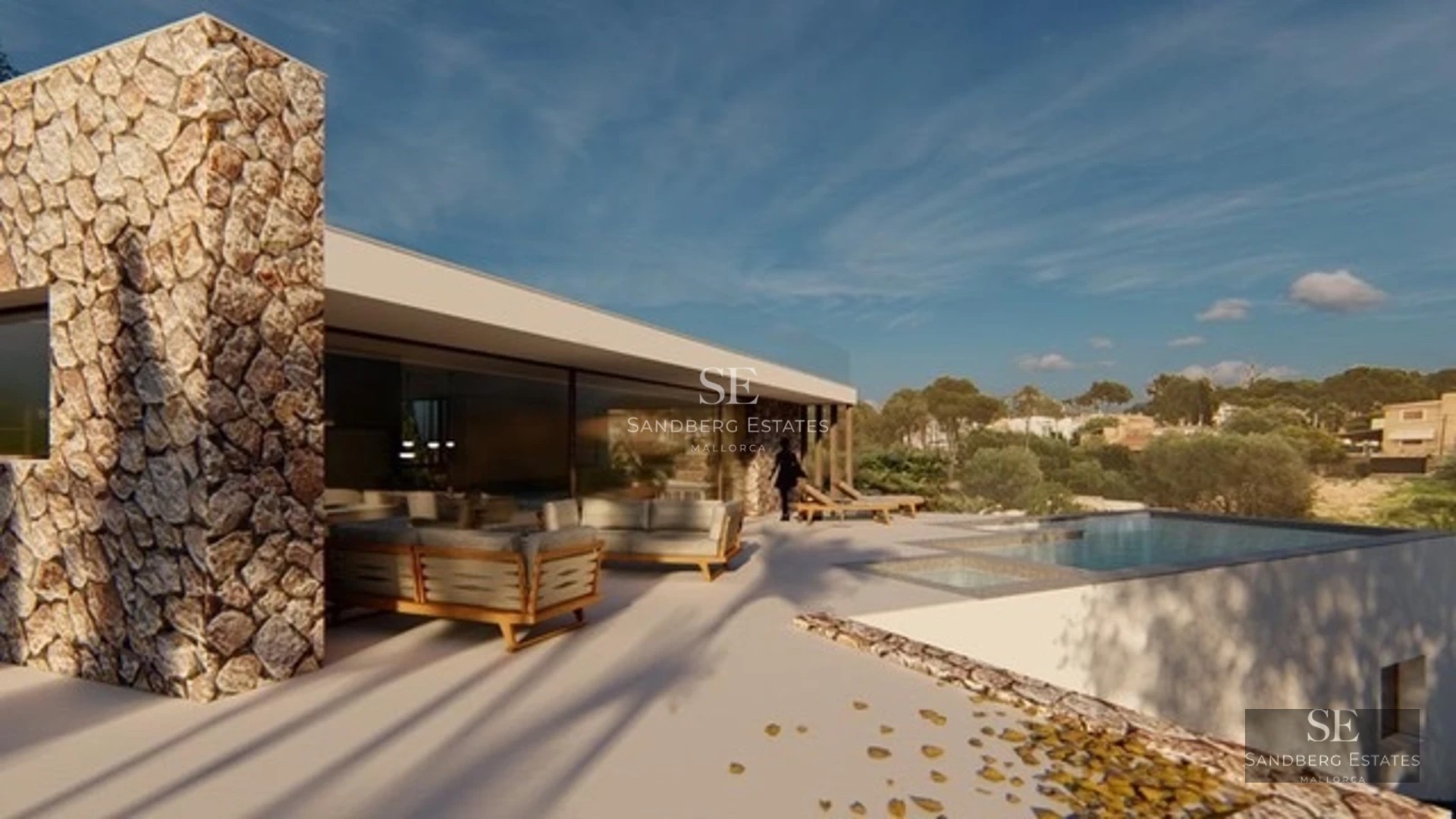 Exterior view of a modern house with a pool, garden, and large terraces. Minimalist architecture with large windows and luxurious finishes.