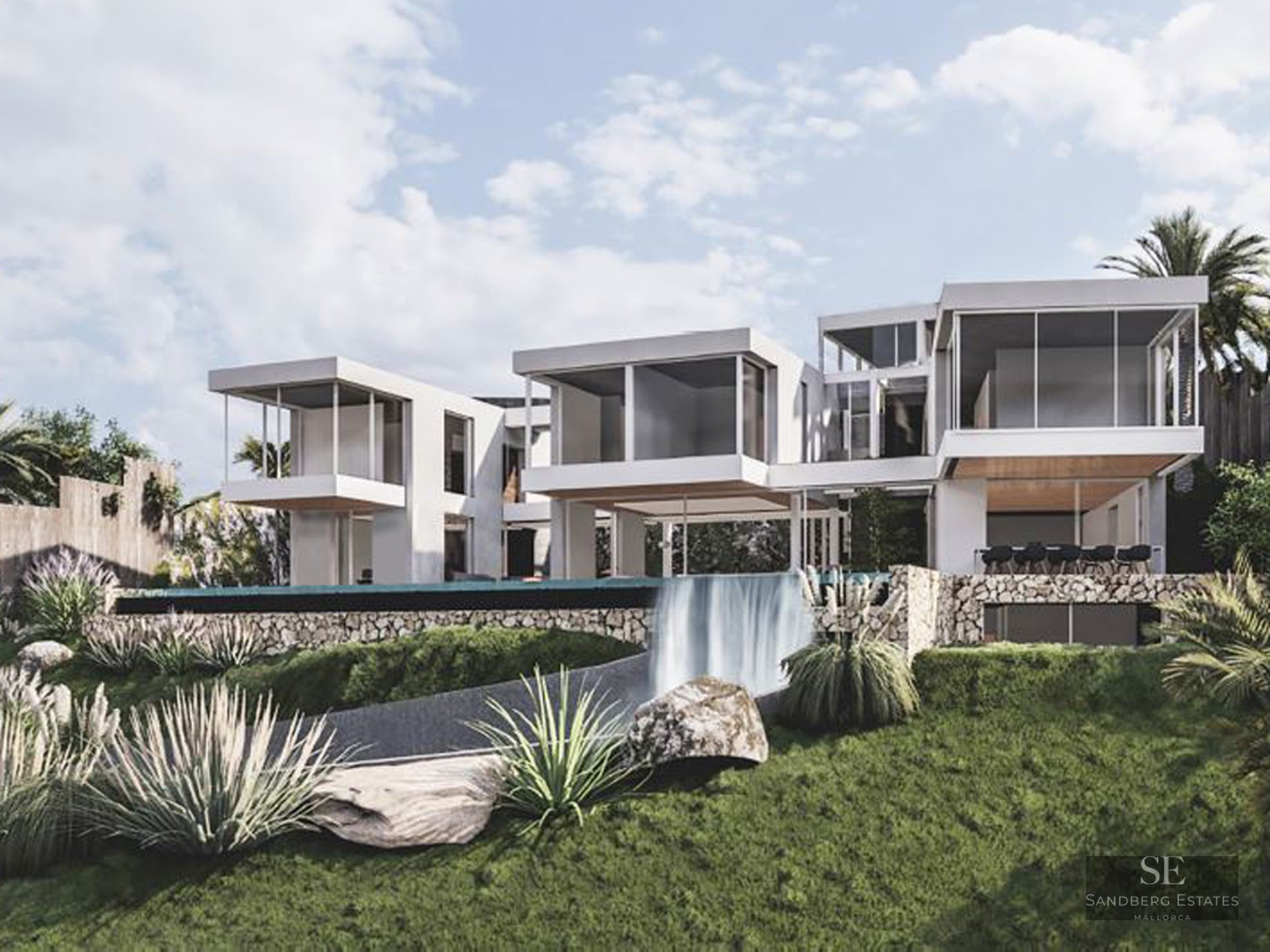 Modern white multi-level villa with cantilevered rooms and an infinity pool waterfall spilling into a landscaped garden.