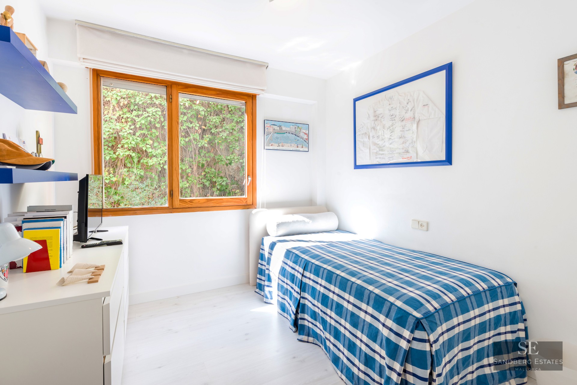 Bright single bedroom featuring a blue checkered bed, white desk, and a large wooden window looking onto green foliage.