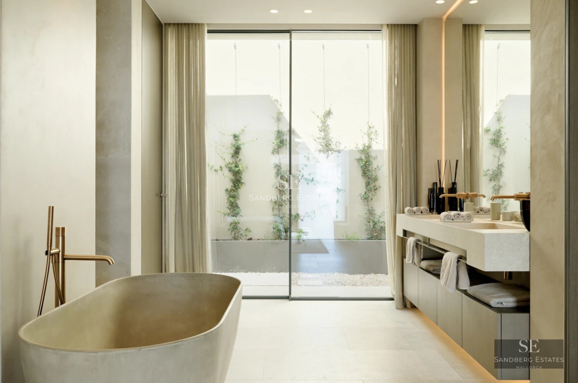 Exterior view of a modern villa with infinity pool, expansive terraces, large windows, and lush garden. Sleek and minimalist design.