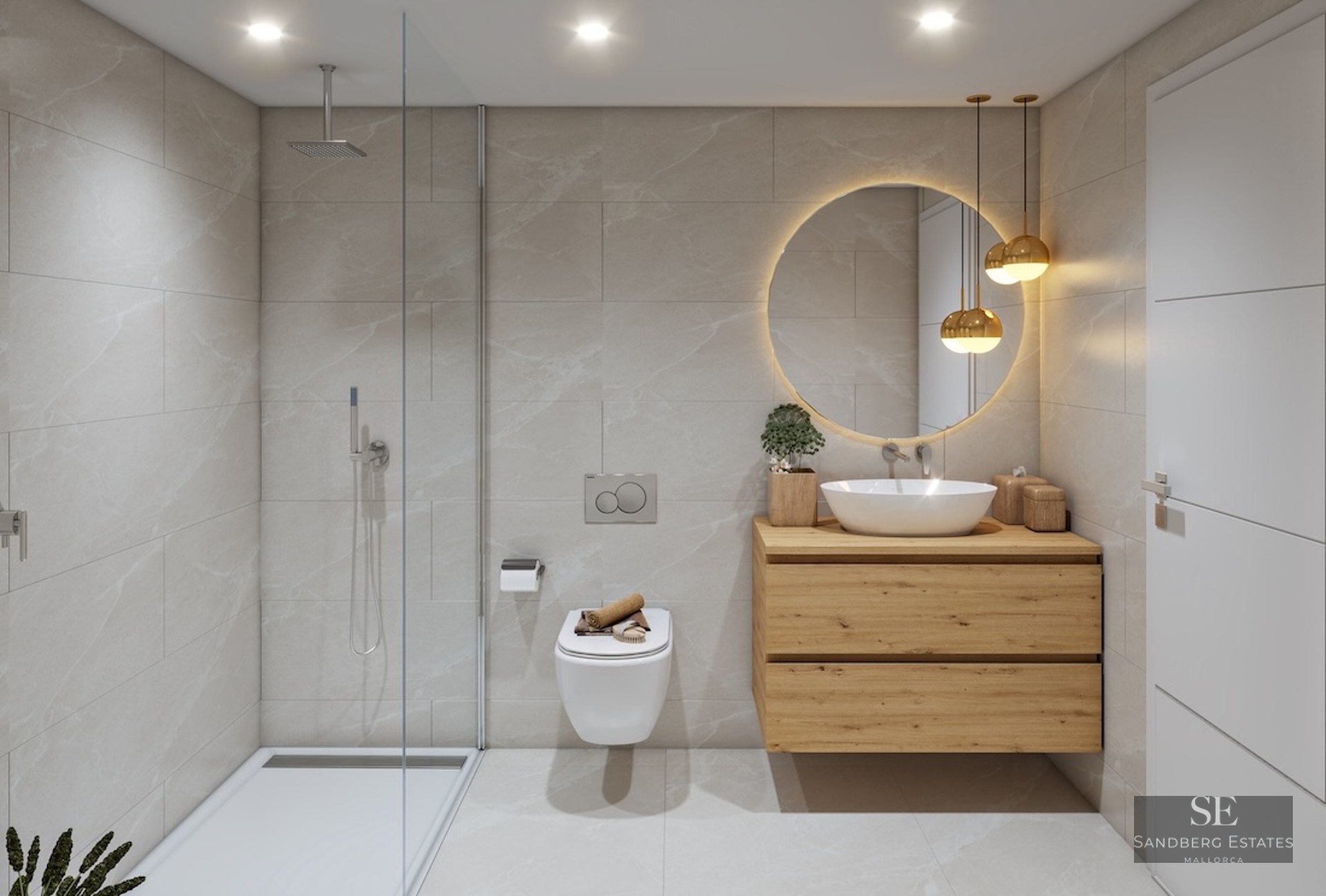 Modern bathroom featuring a glass shower, wooden vanity, backlit circular mirror, and beige marble-effect tiles.