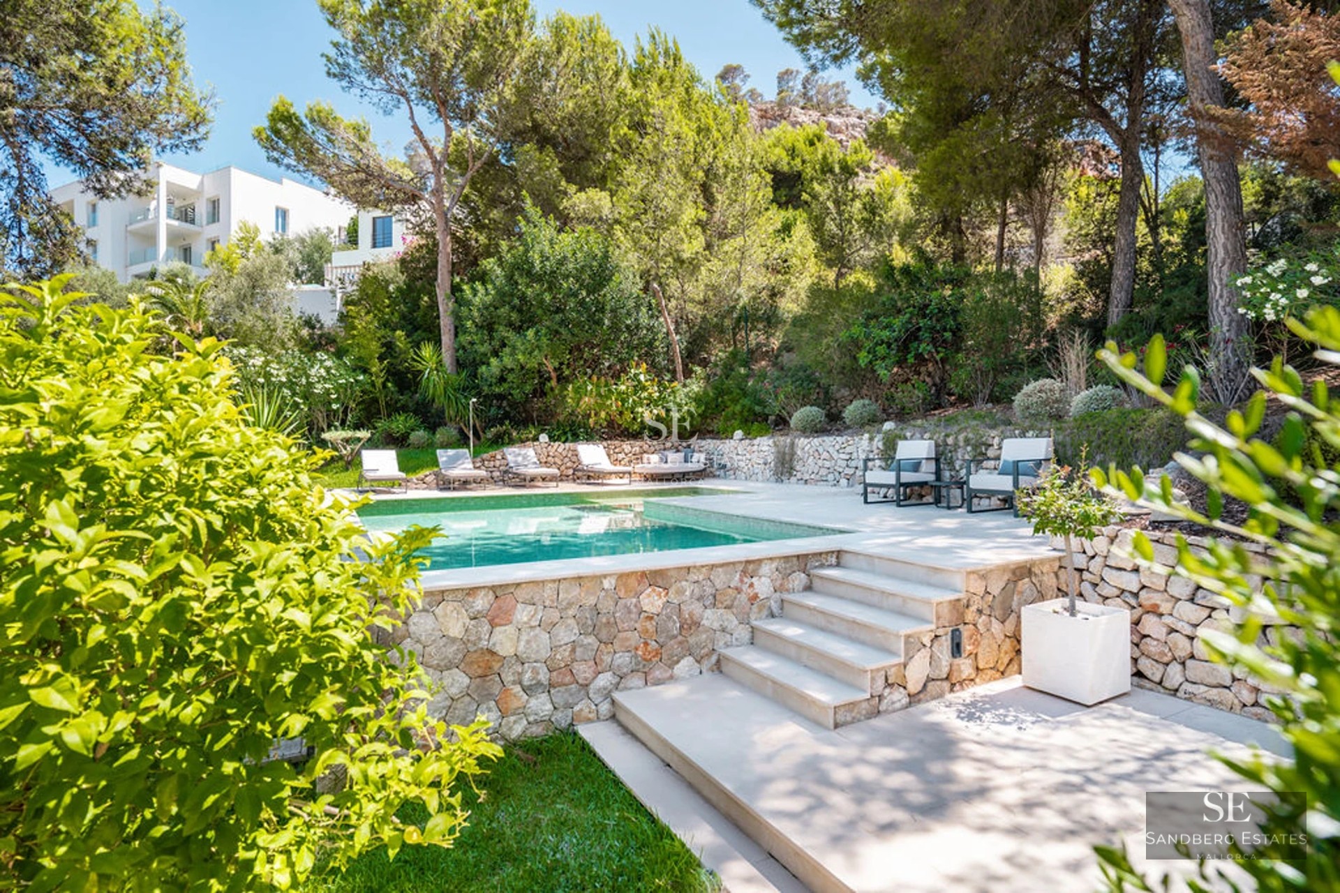 Exterior view of modern villa with swimming pool. Minimalist design, large windows and terrace with sea view. Lush garden.