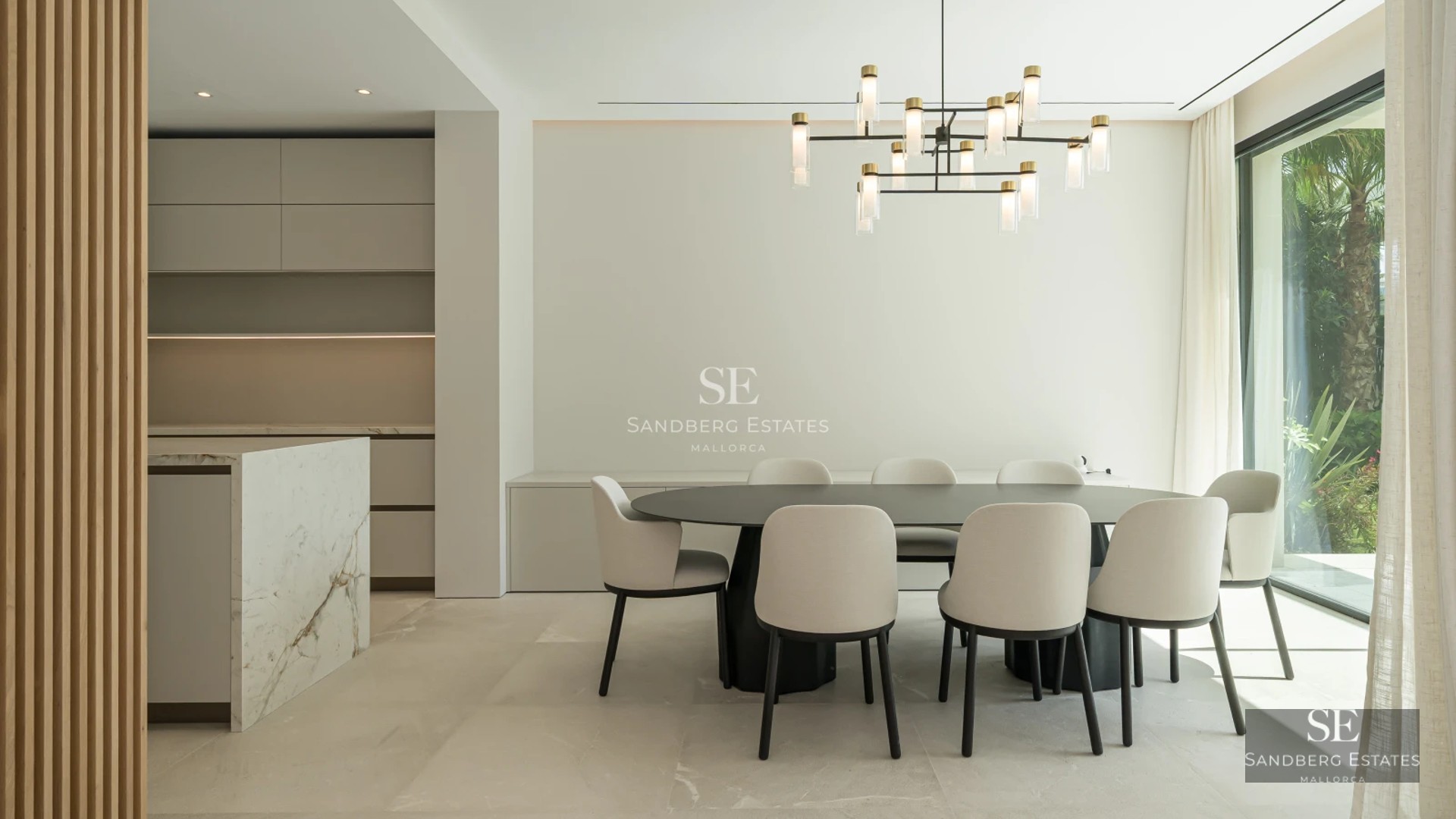 Exterior view of a modern house with a pool. Minimalist architecture, large windows, lush garden, and luxury finishes.