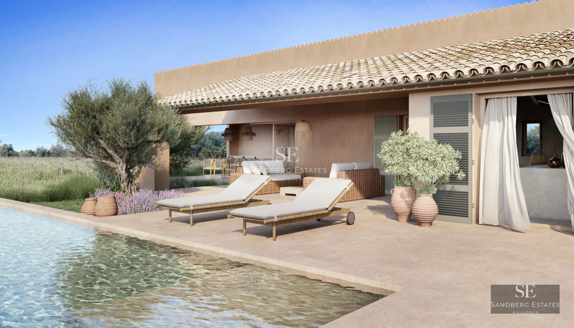 Spacious living room with large windows, light wood floors, gray sofas, and minimalist decor. Panoramic sea views.