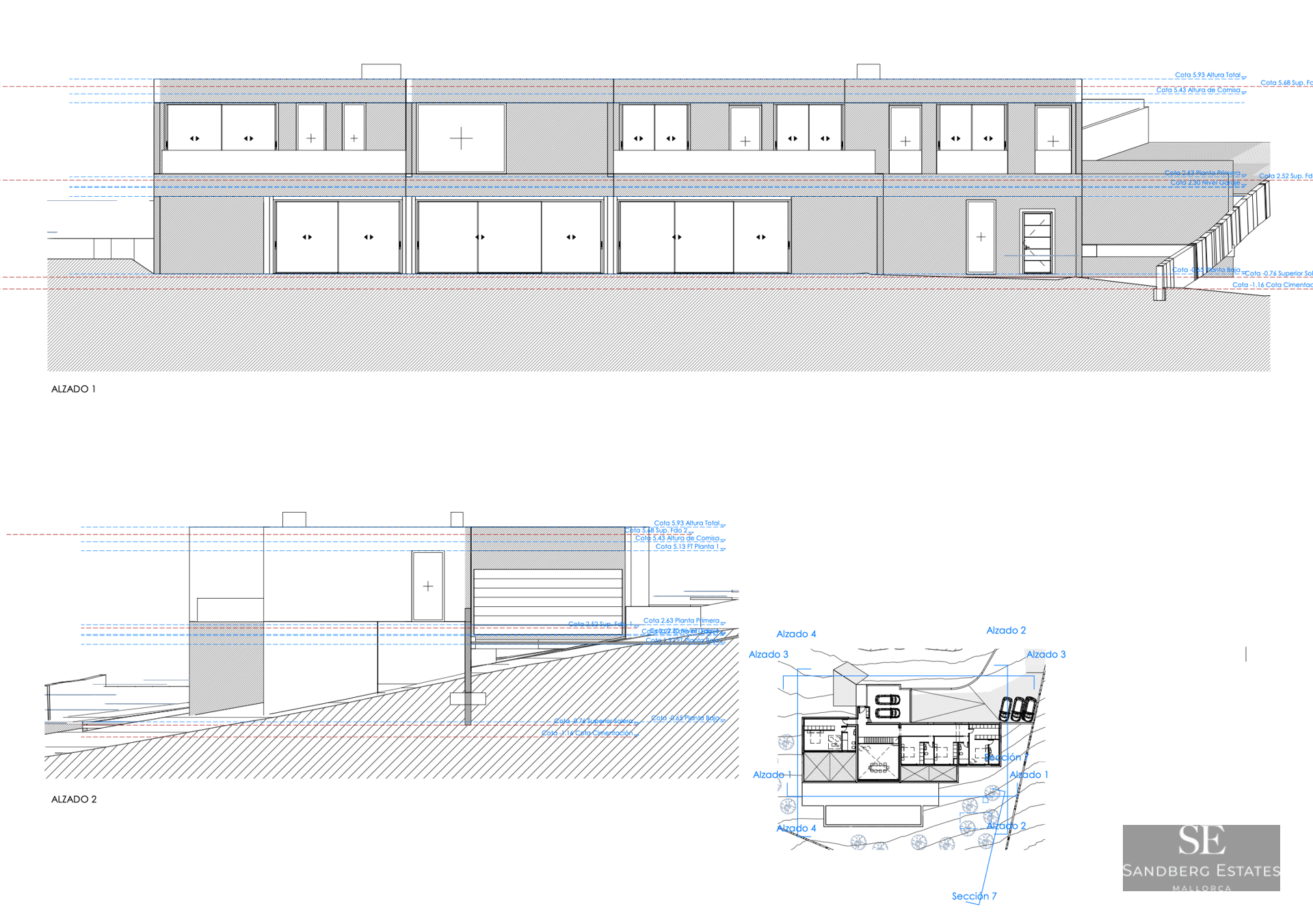 Dessin technique montrant les élévations et le plan de masse d'une résidence contemporaine à deux niveaux.