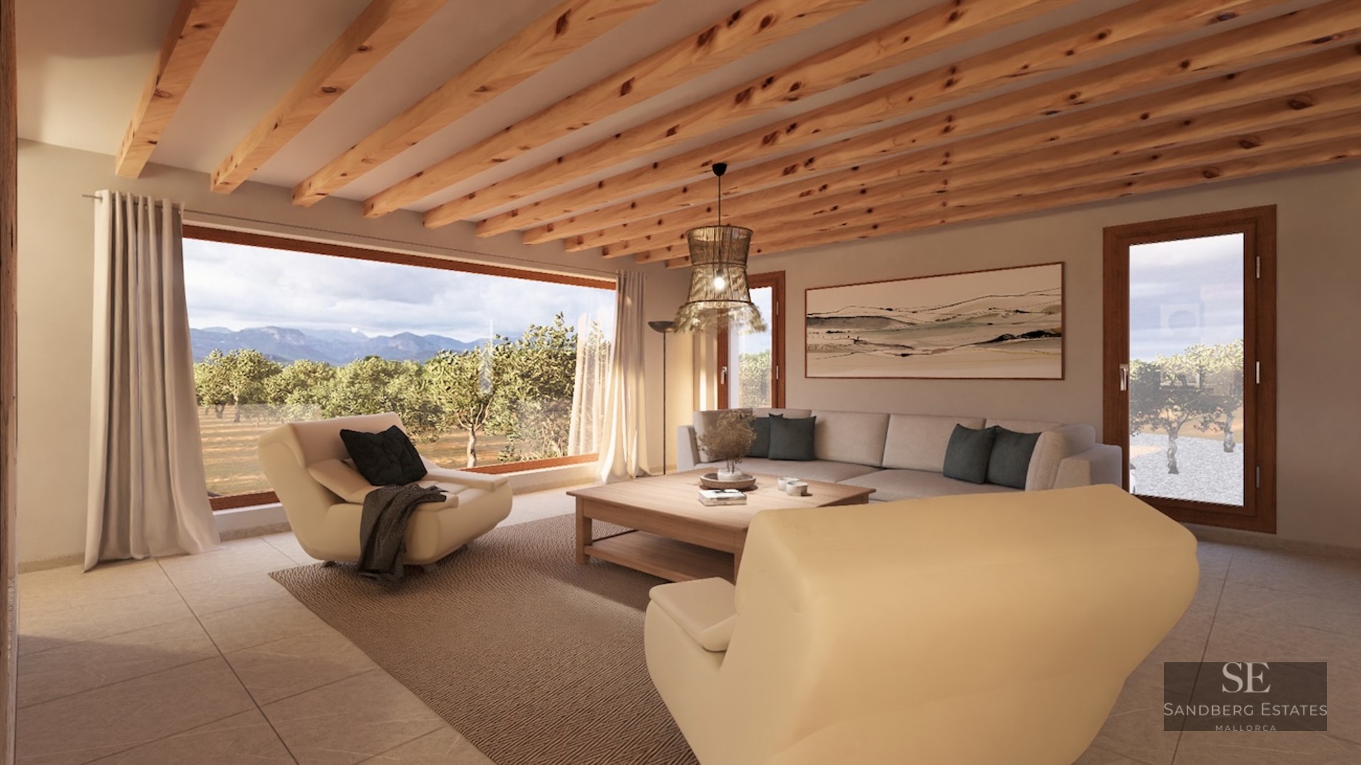 Modern living room featuring exposed wood ceiling beams, cream sofas, and a large window overlooking mountains.