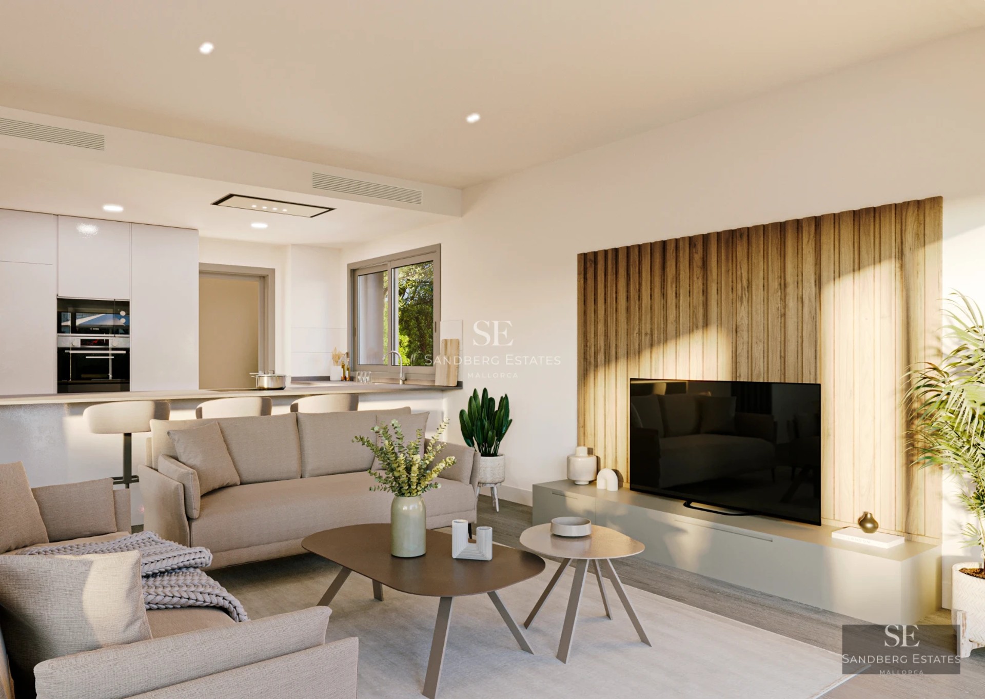 Exterior view of a modern villa. Infinity pool, spacious terraces, minimalist design, luxury finishes, lush garden.