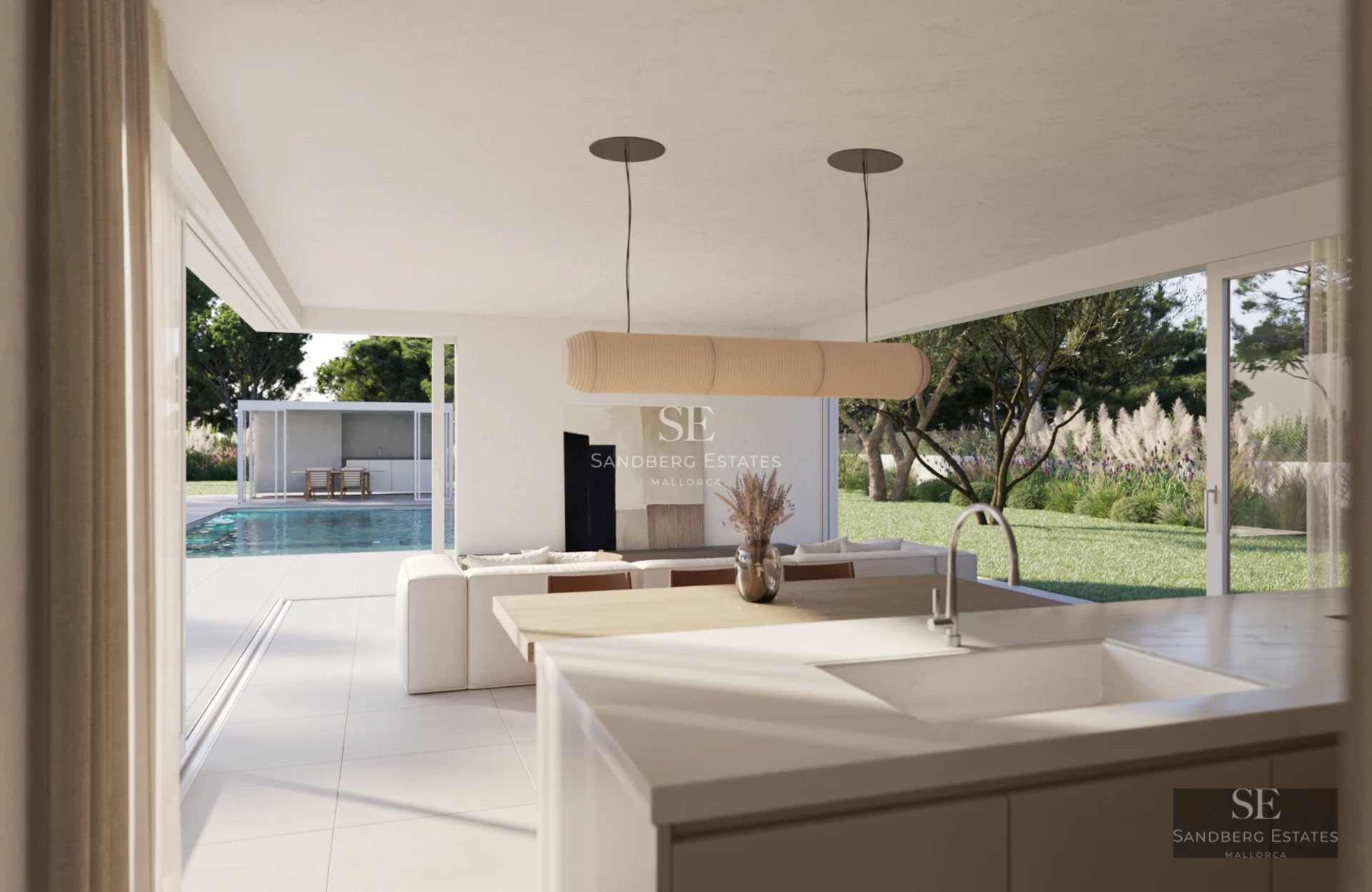 Exterior of modern villa with infinity pool, lush garden, large terraces and minimalist design. Contemporary architecture.