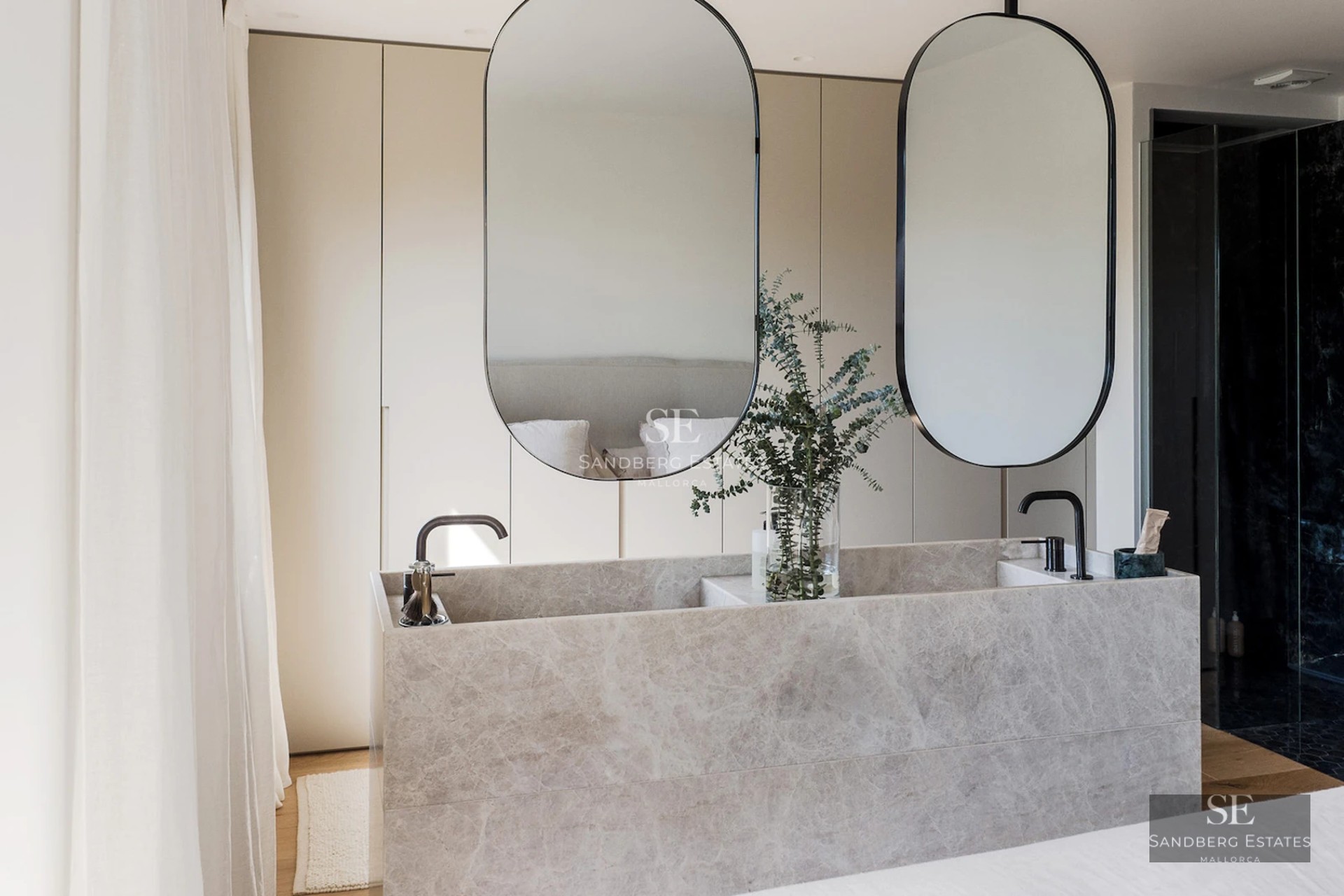 Exterior view of a modern villa with a pool, surrounded by greenery. Minimalist architecture, clean lines and large windows.