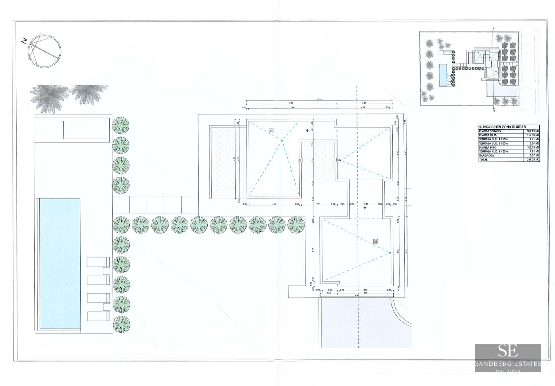 Architectural site plan showing building footprint, swimming pool, garden landscaping, and technical measurements.