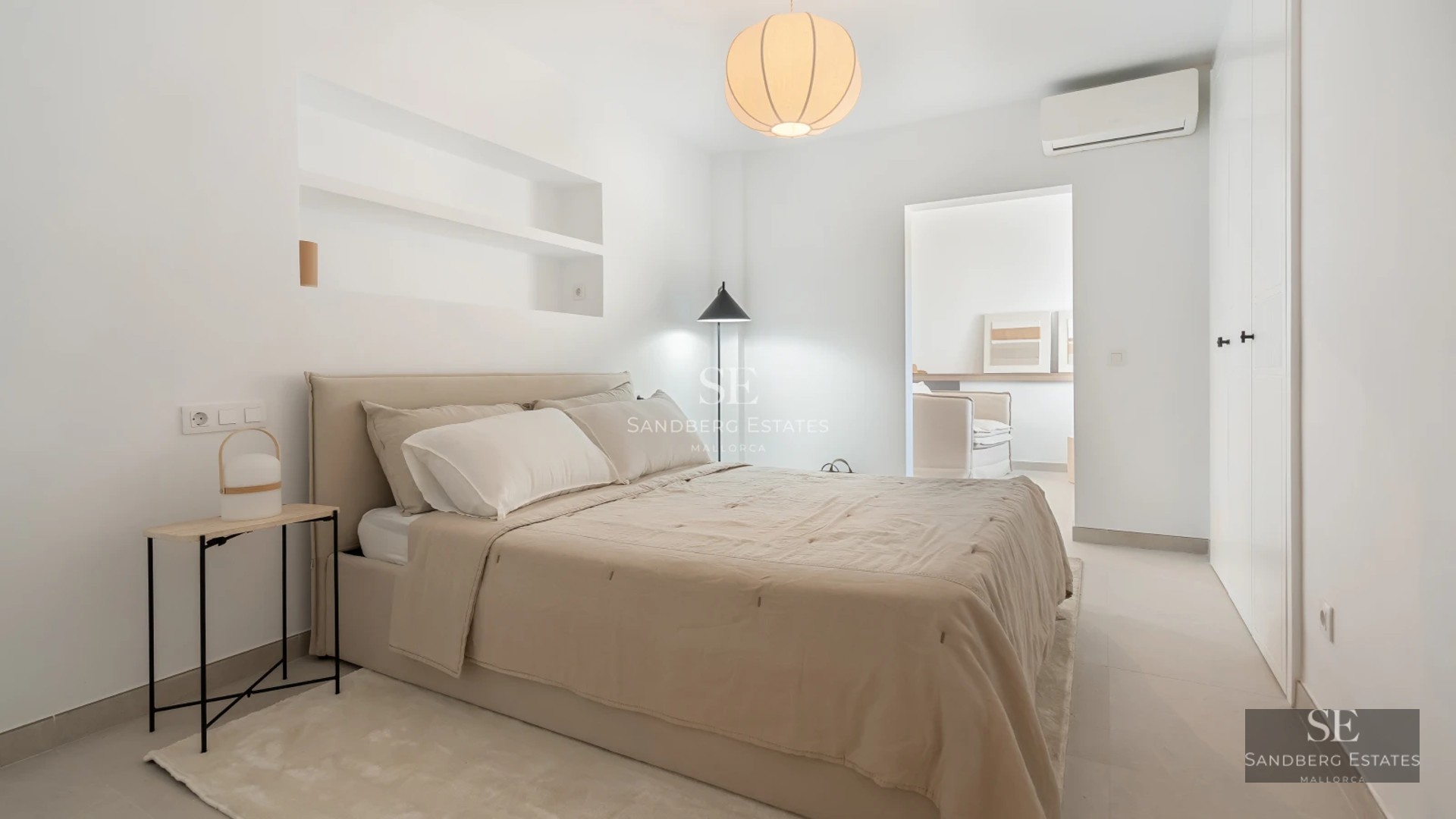 Modern villa facade with pool, large windows, and minimalist design. Warm lighting and lush landscaping.