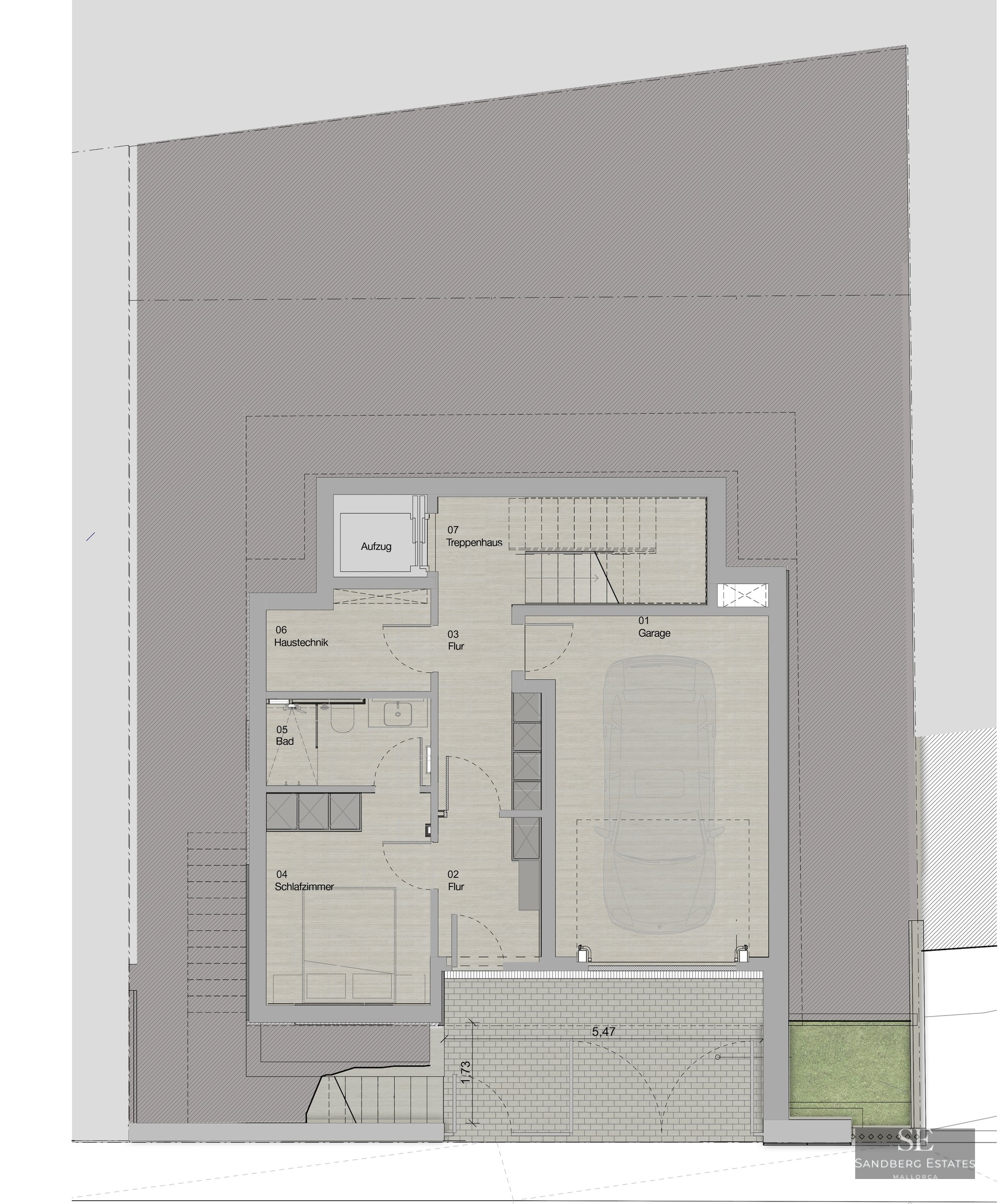 Architectural floor plan of a lower level featuring a garage, bedroom, bathroom, and stairs.