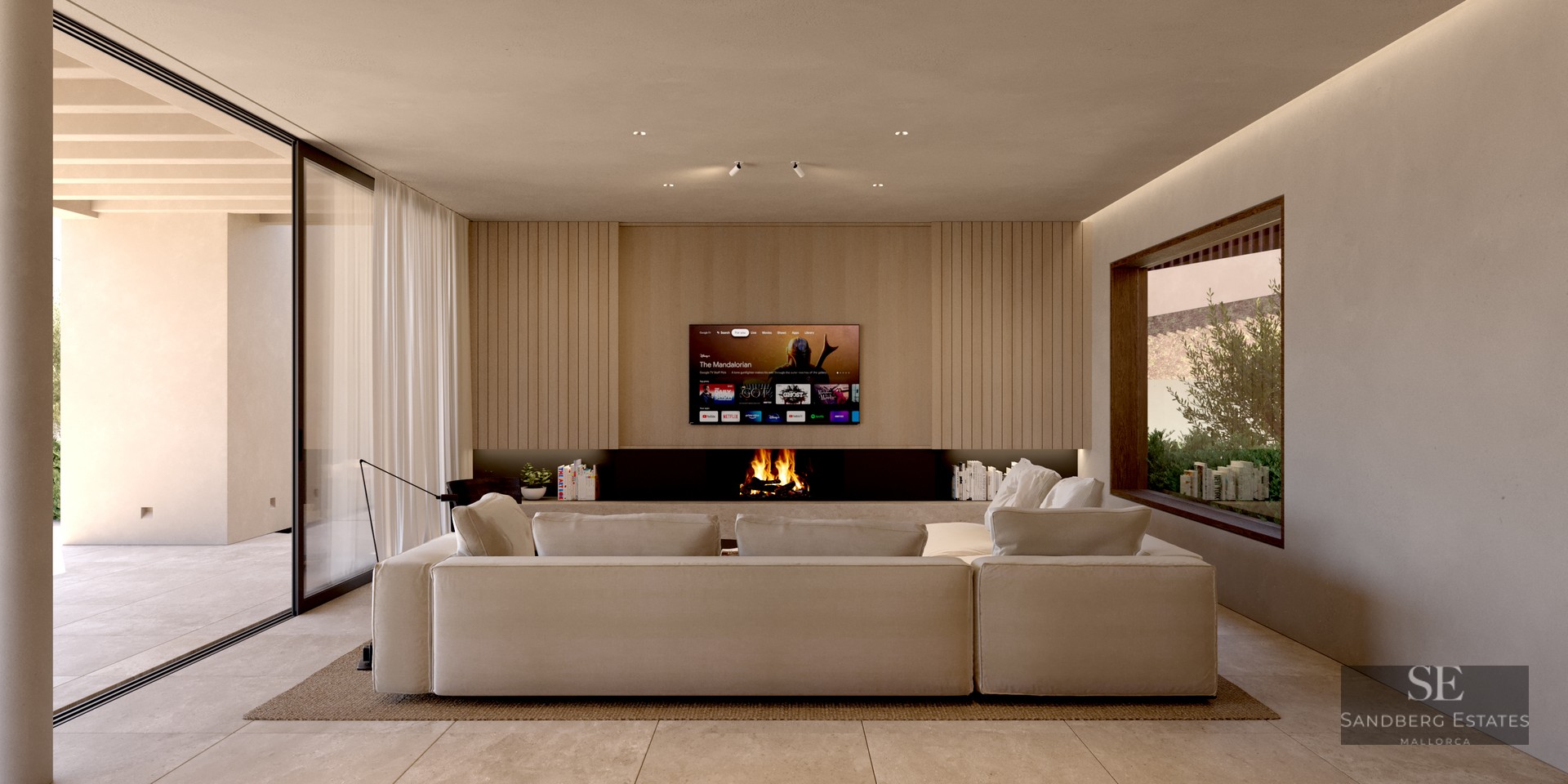 Spacious modern living room featuring a large beige sectional sofa, built-in fireplace, and wood-paneled TV wall.