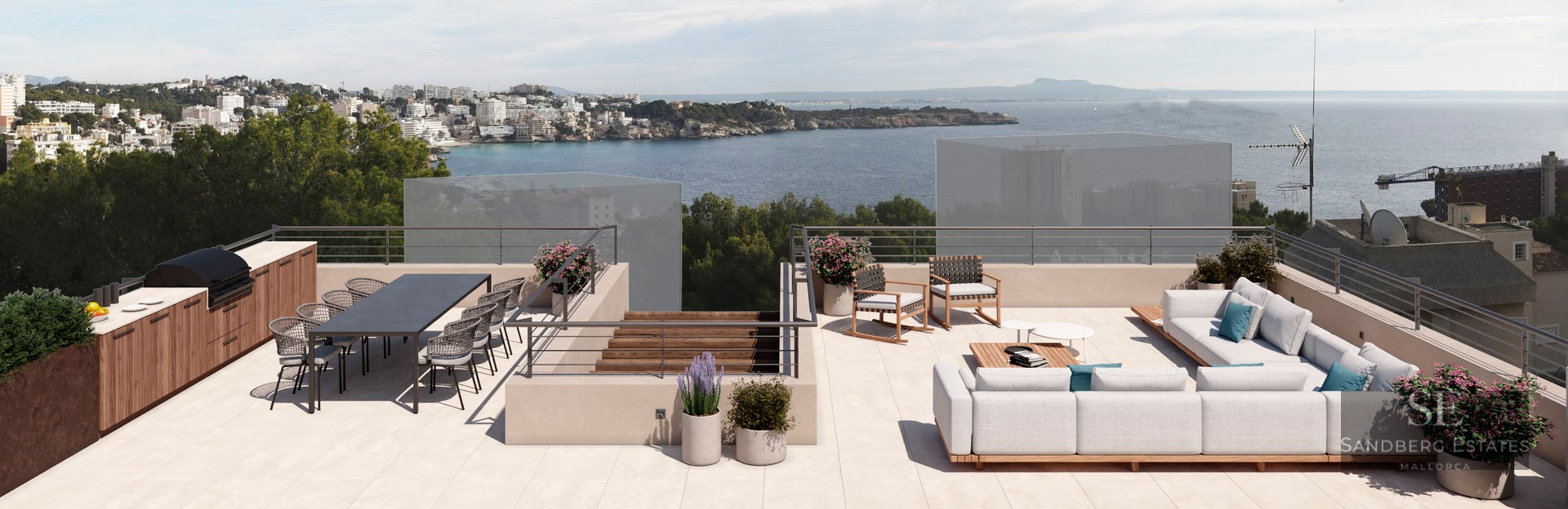 Spacious rooftop terrace with outdoor kitchen, dining area, and lounge seating overlooking the ocean.