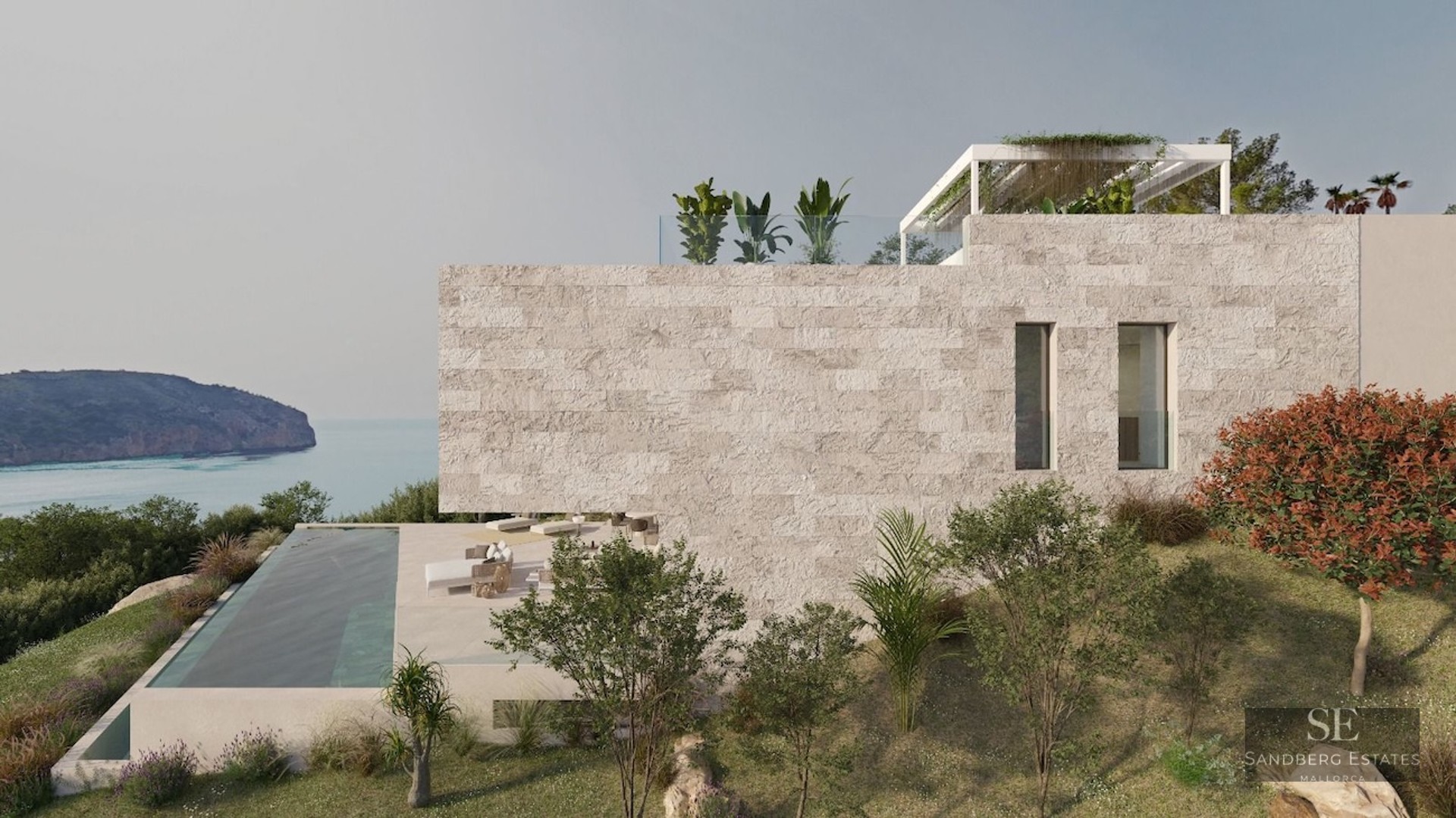 Modern stone villa featuring an infinity pool overlooking the sea, surrounded by Mediterranean vegetation.