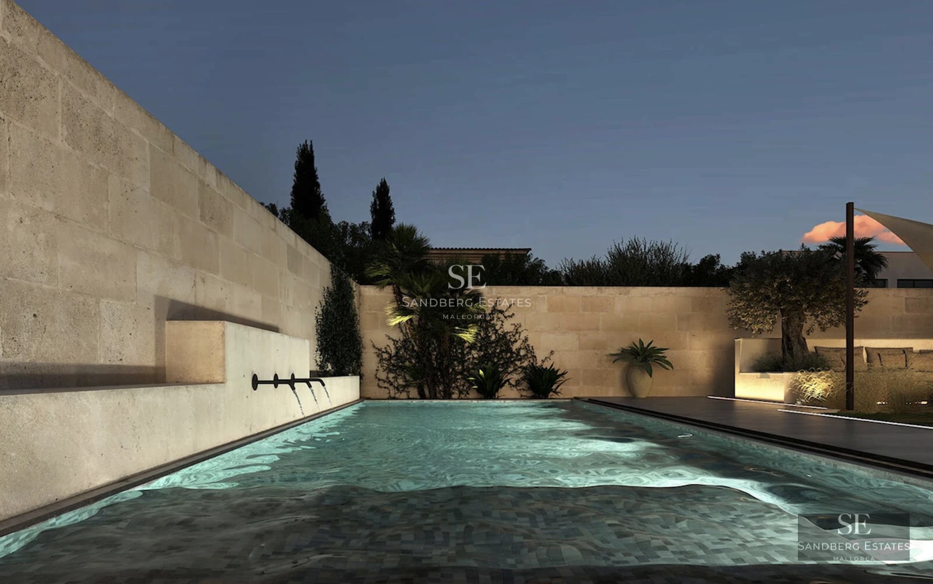 Exterior view of a modern villa featuring a reflecting pool, large windows, and lush garden. Minimalist architecture.