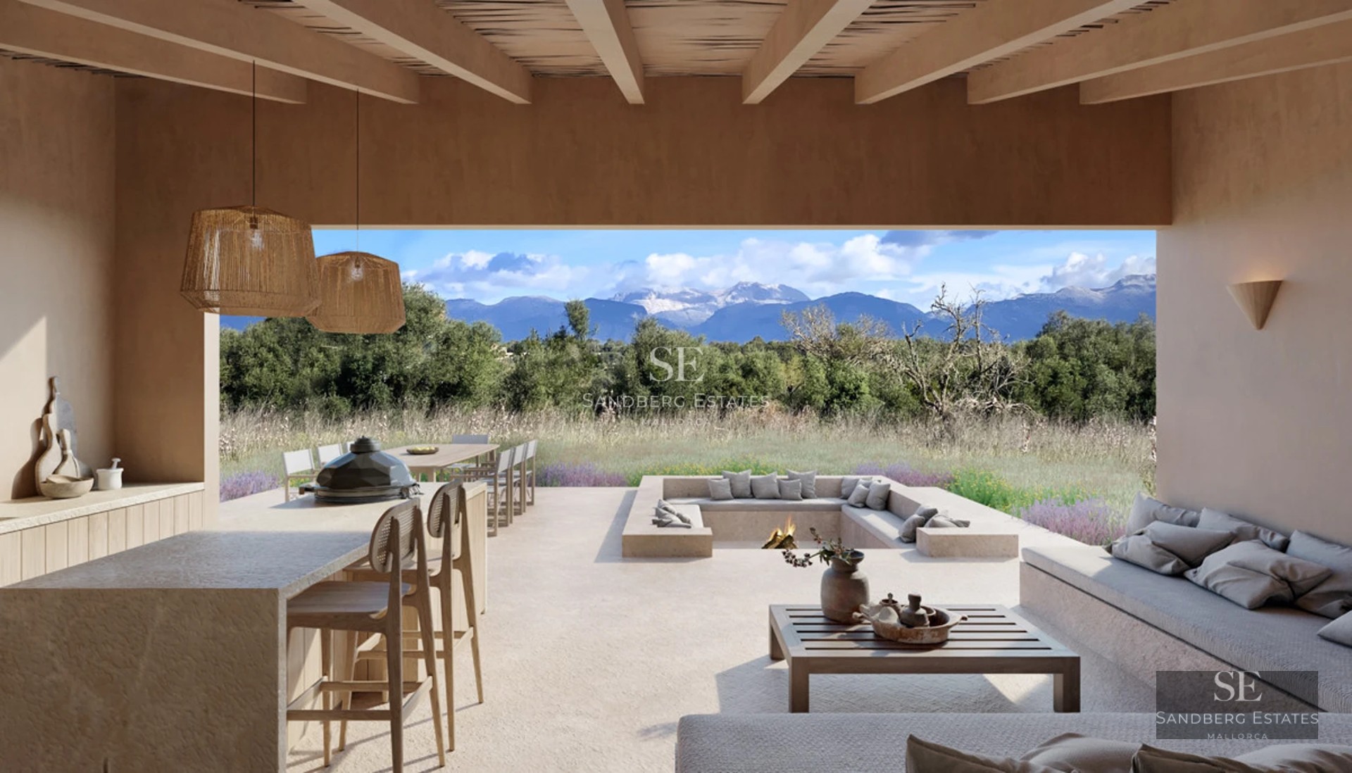 Spacious living room with large windows, natural light, light wood floors, and modern furniture. Panoramic city views.