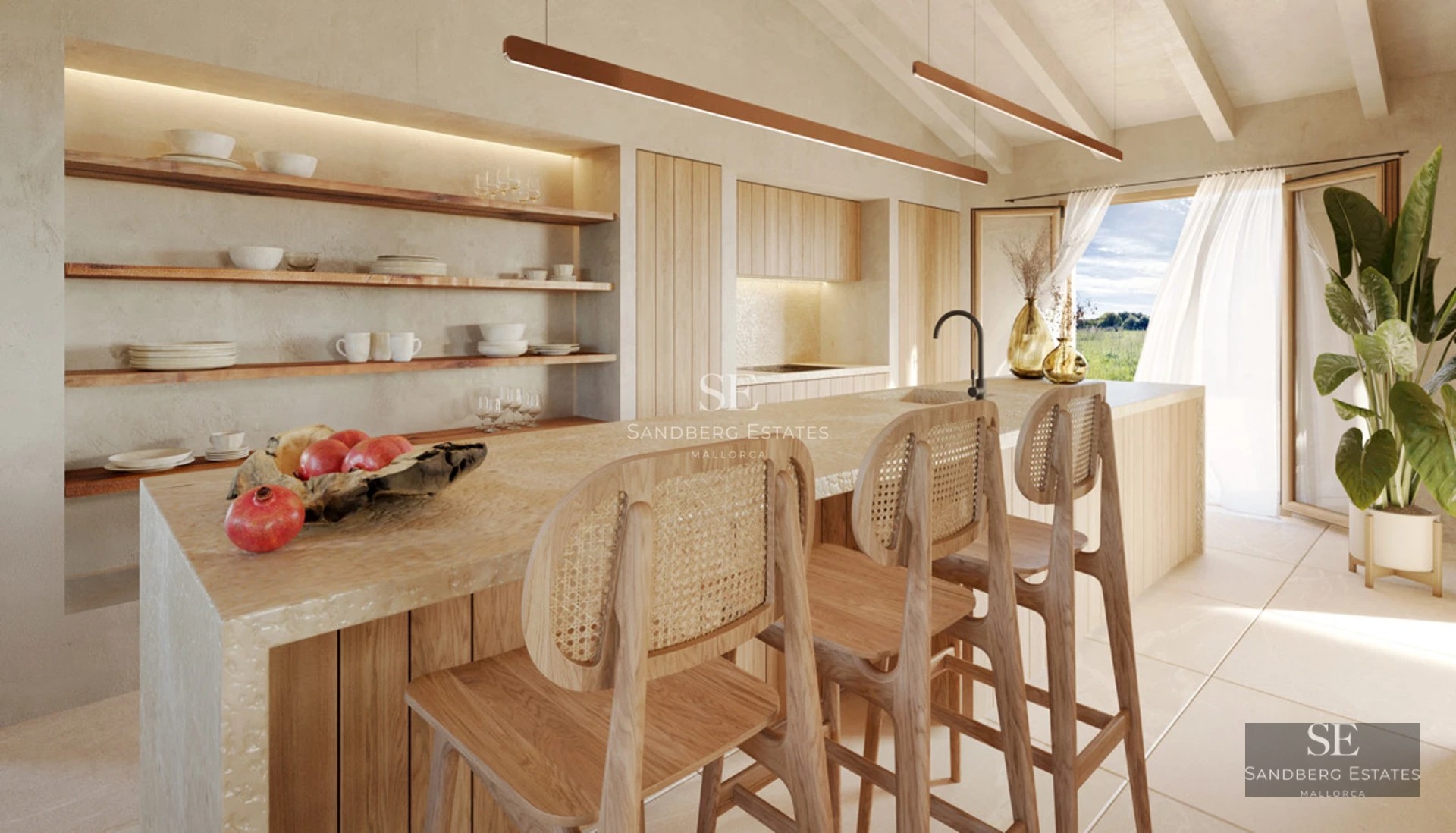 Spacious living room with floor-to-ceiling windows, modern sofas, coffee table, rug, and views of the pool and garden. Elegant and bright design.