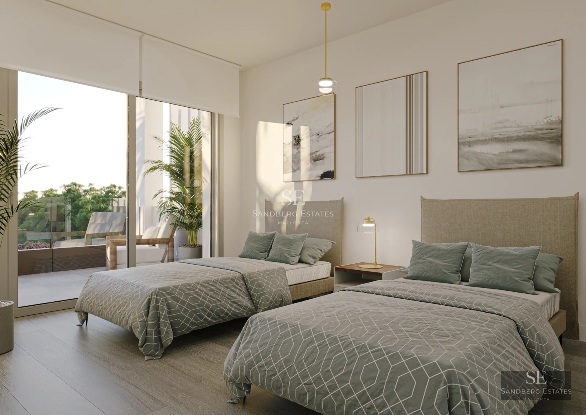 Spacious living room with large windows, outdoor pool, light wood floors and modern design. Abundant natural light.