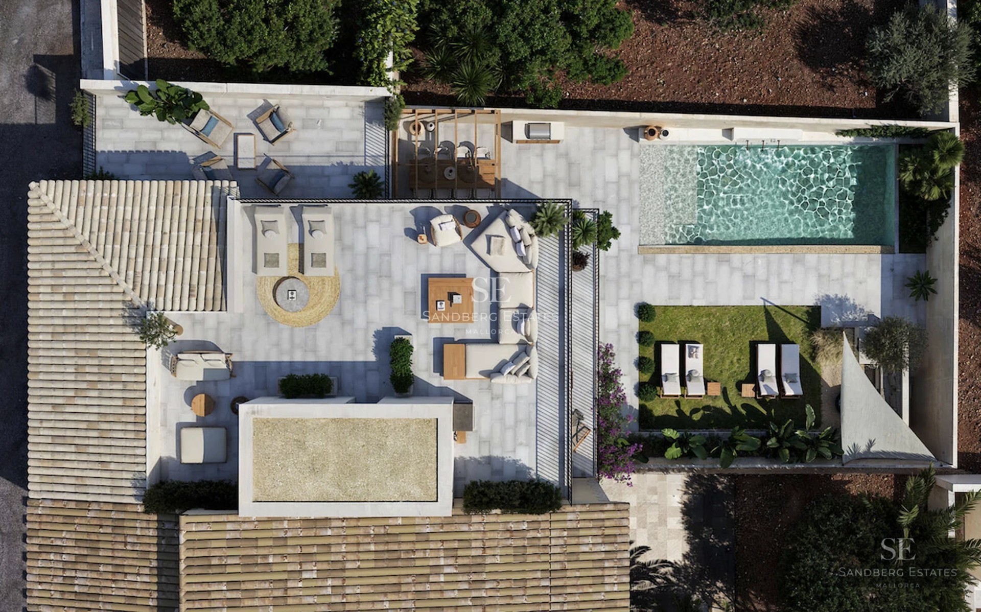 Exterior view of a modern home with a pool and garden. Minimalist architectural design with large windows and ambient lighting.