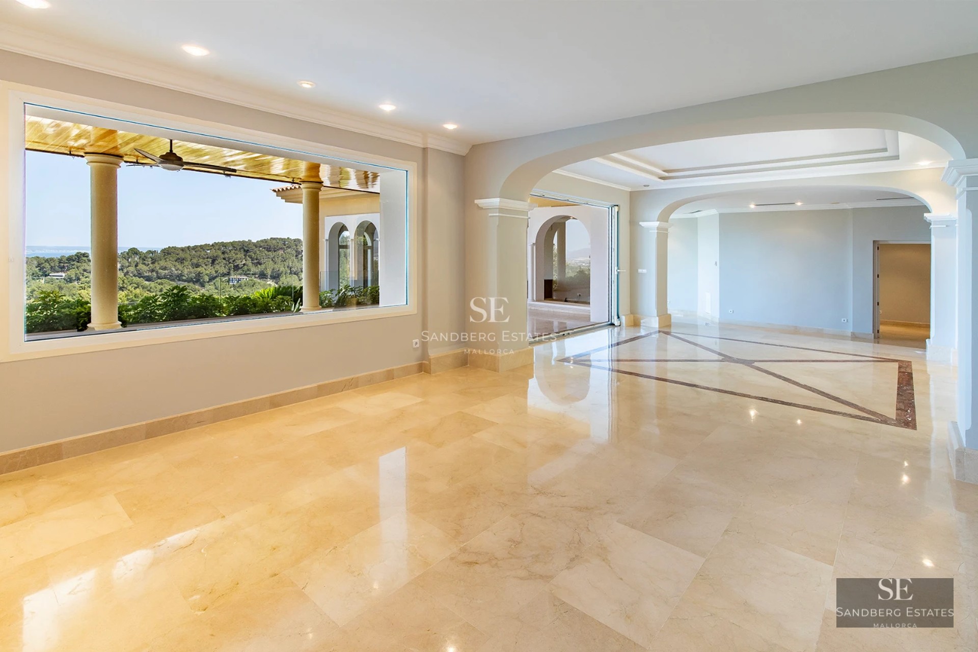 Exterior view of a modern villa featuring a pool, garden, and expansive windows. Minimalist design and manicured landscaping.