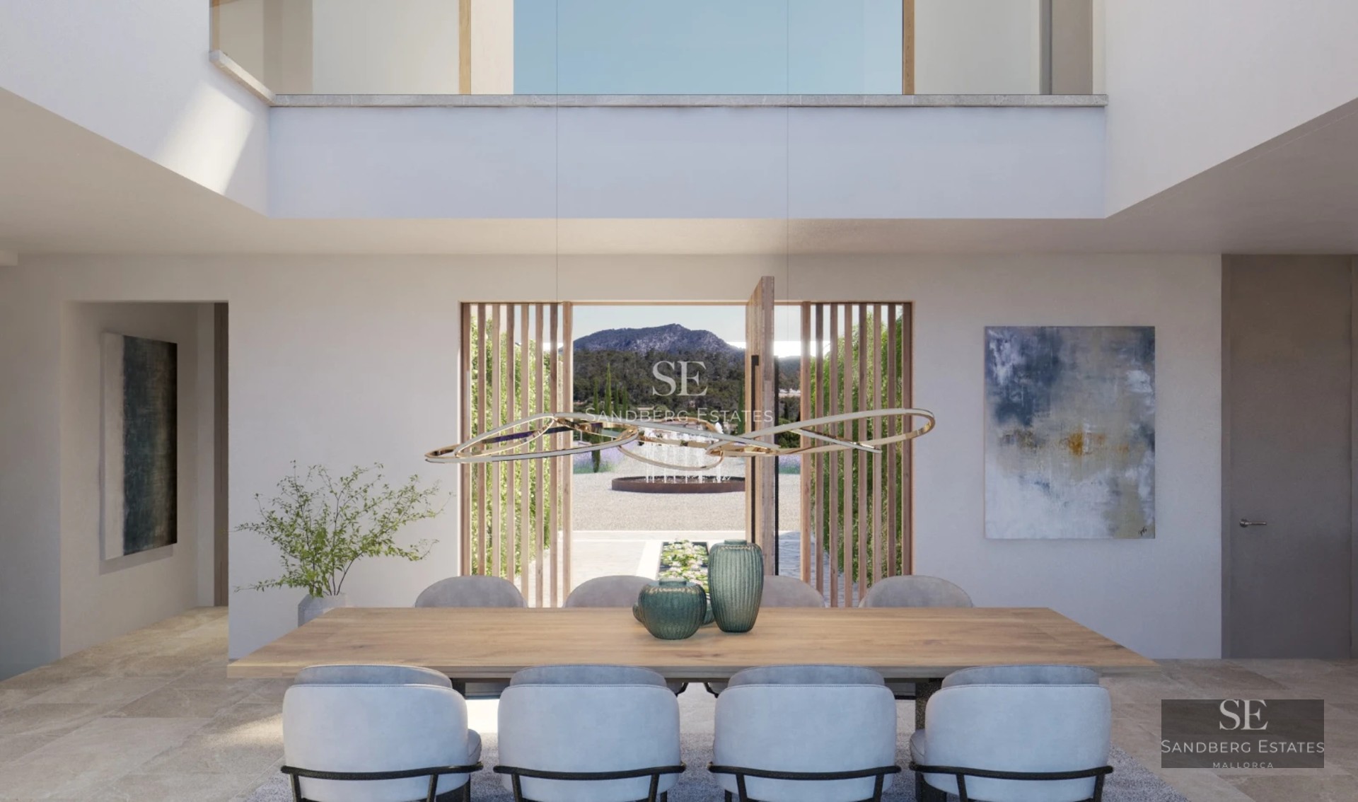 Spacious living room featuring floor-to-ceiling windows, designer sofas, modern coffee table, and terrace access with panoramic views. Elegance and comfort.