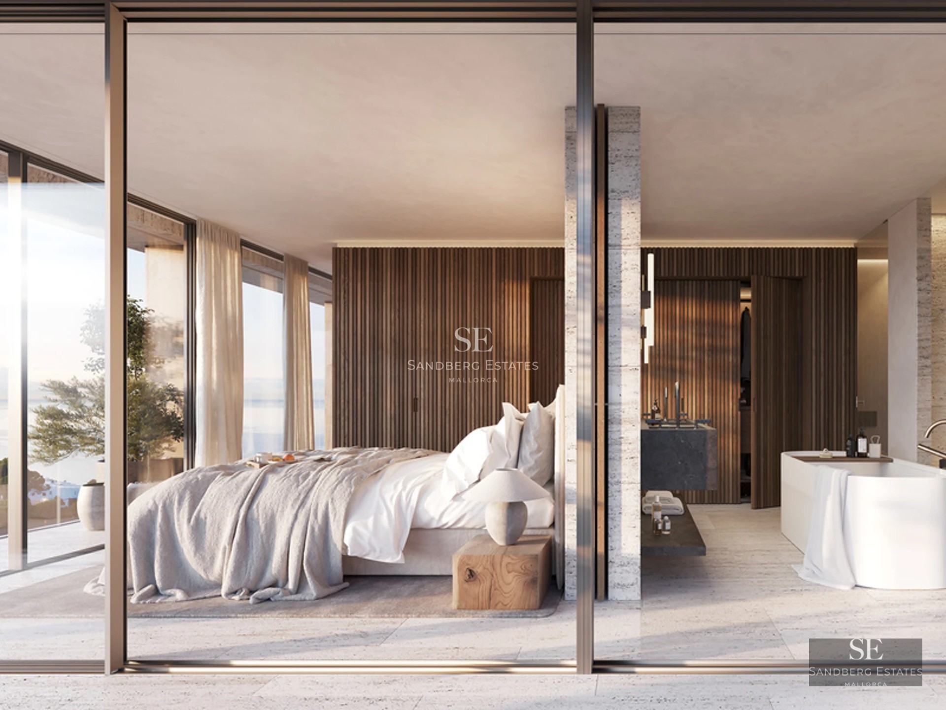 Exterior view of a modern villa with infinity pool, gardens, and expansive terraces. Minimalist architectural design.