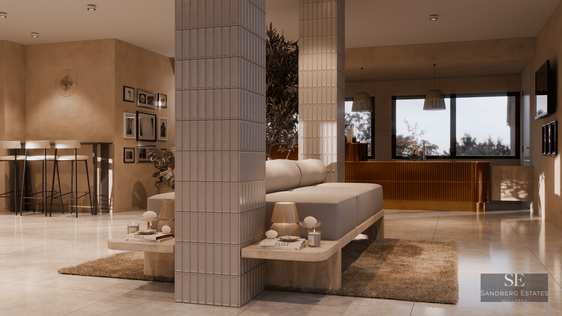 Modern living room featuring ribbed pillars, a designer platform sofa, and an elegant bar area.