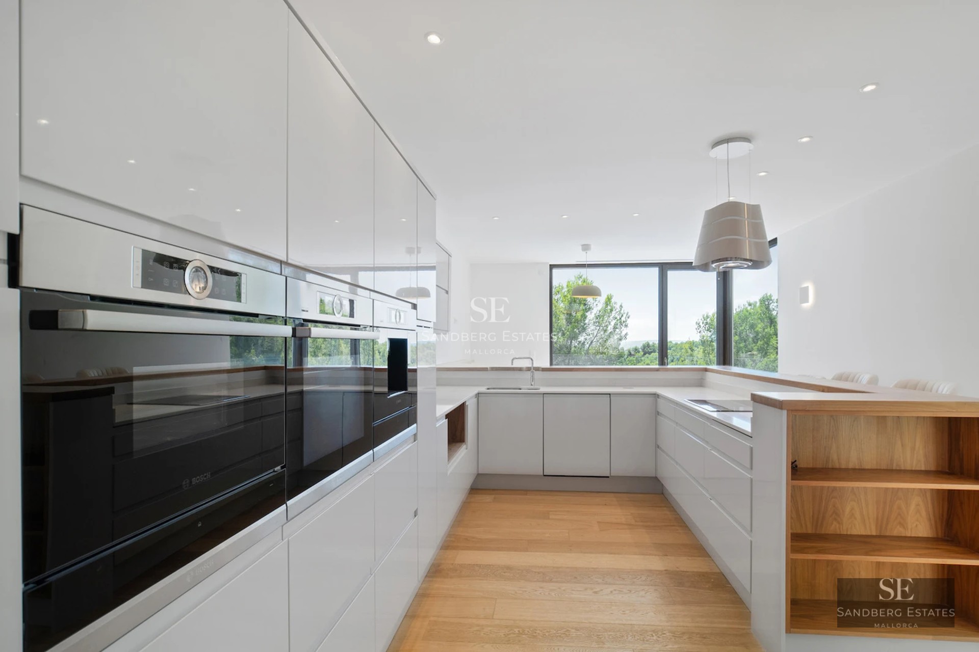 Exterior view of a modern villa with pool and lush garden. Minimalist architecture, large windows, and high-quality finishes.