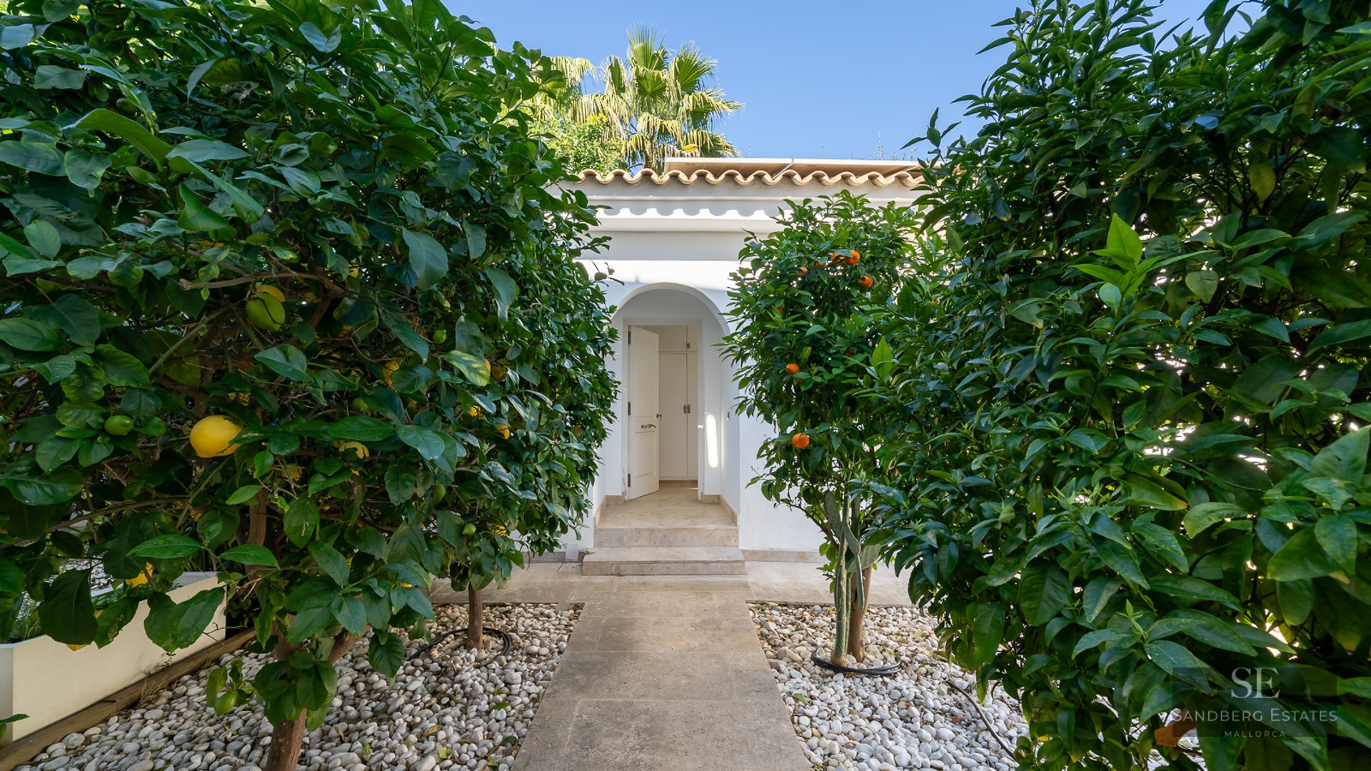 A stone path lined with lemon and orange trees leads to an arched white villa entrance under a clear blue sky.