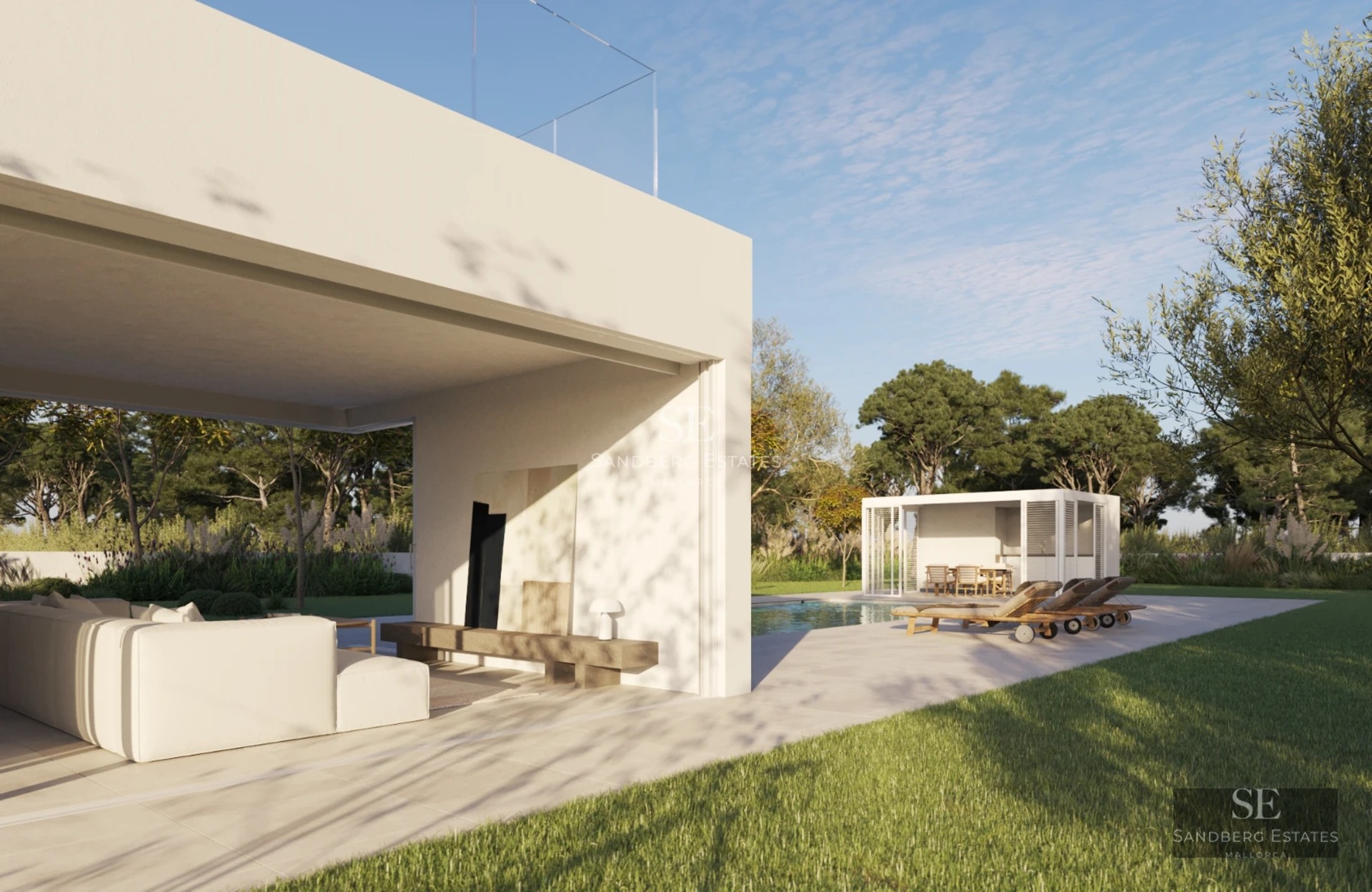 Exterior view of a luxurious villa with a pool. Modern architecture with large windows and lush gardens.