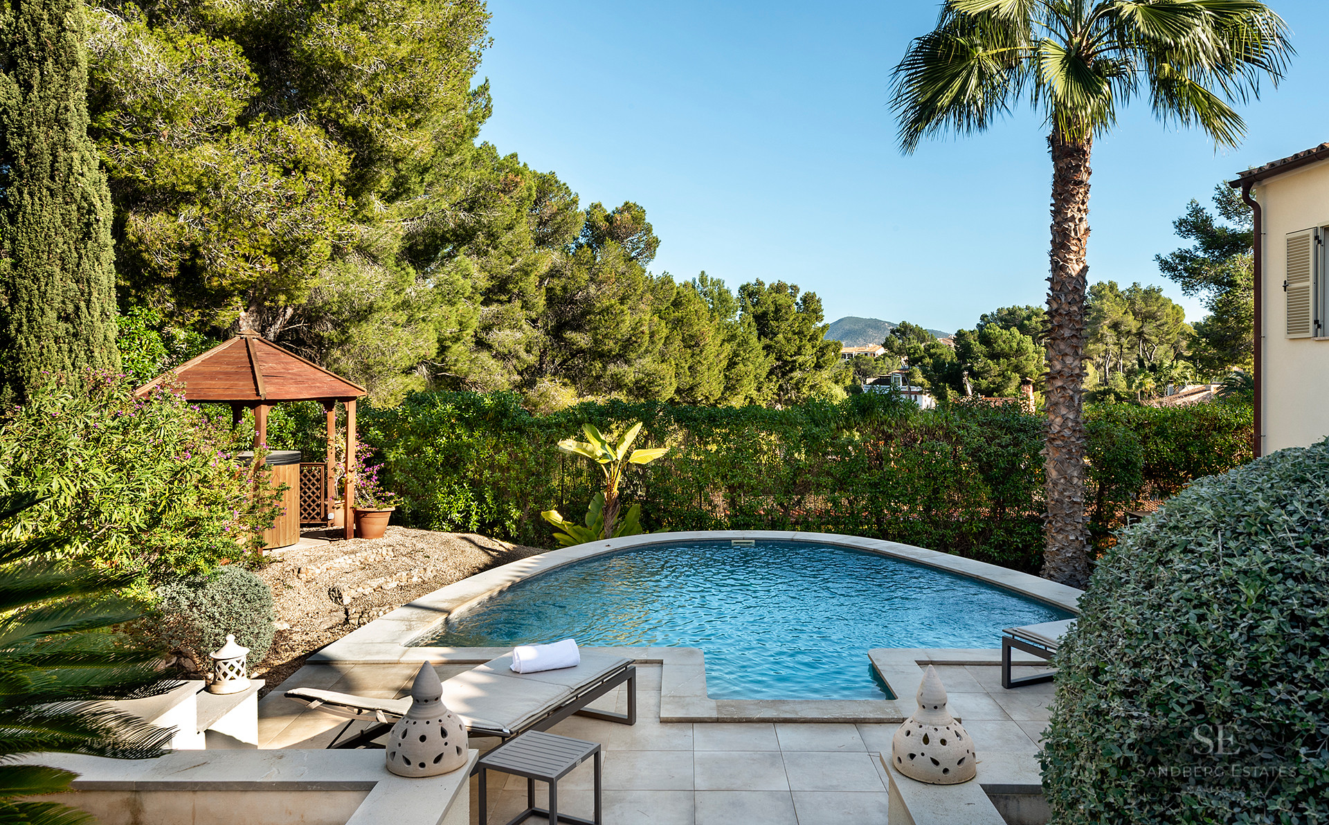 A curved swimming pool surrounded by a stone terrace, sun loungers, a wooden gazebo, and dense pine and palm trees.