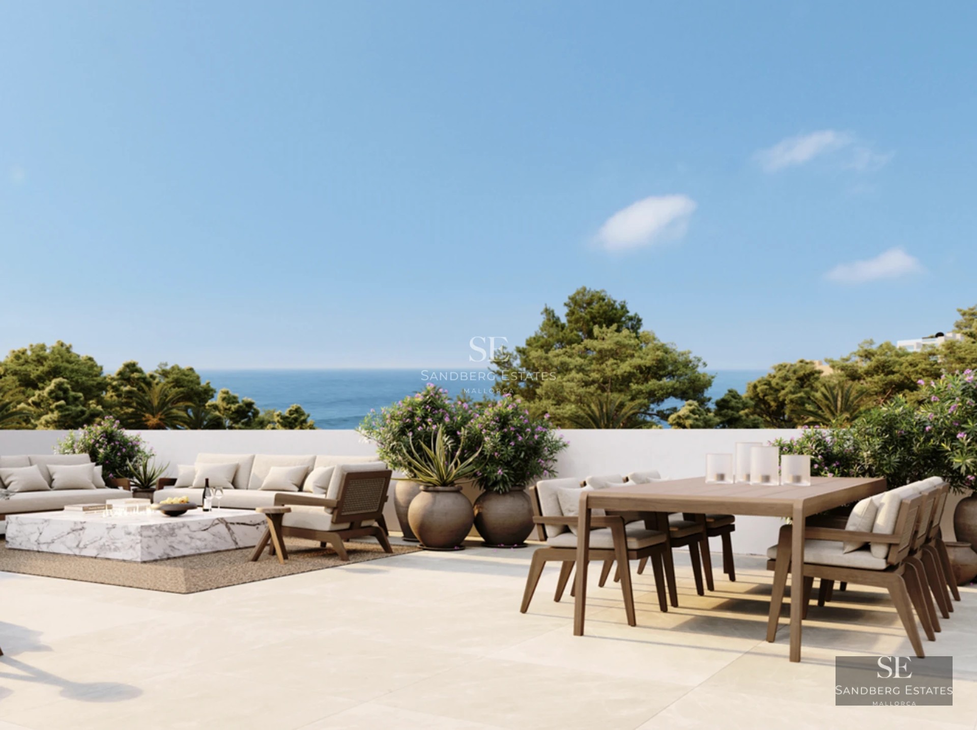 Spacious, bright living room featuring large windows, a modern fireplace, and access to a terrace with a pool. Minimalist and elegant design.