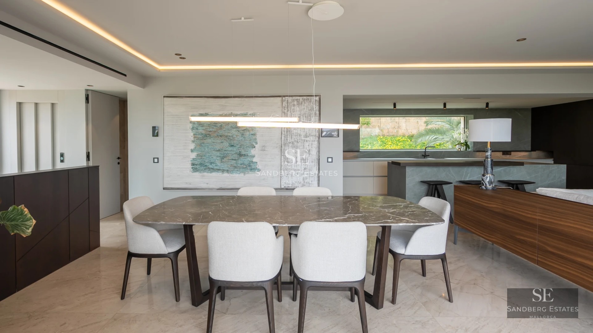 Exterior view of a modern villa with a pool, surrounded by greenery. Minimalist architecture with large windows and luxury finishes.