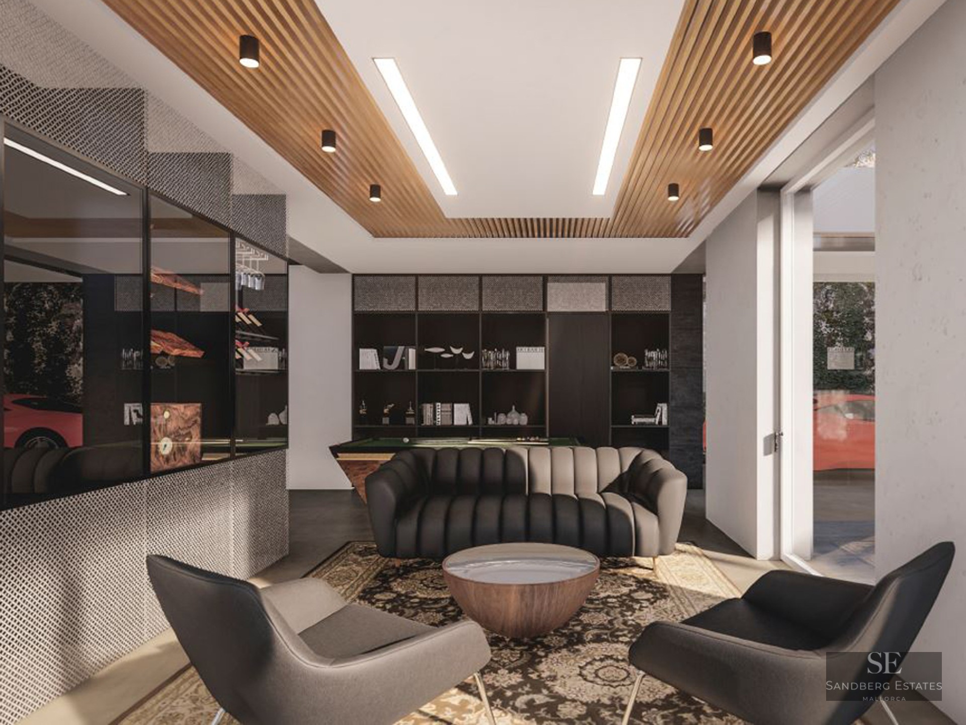 Modern game room featuring a pool table, dark leather sofa, slatted wood ceiling, and glass-walled wine display.