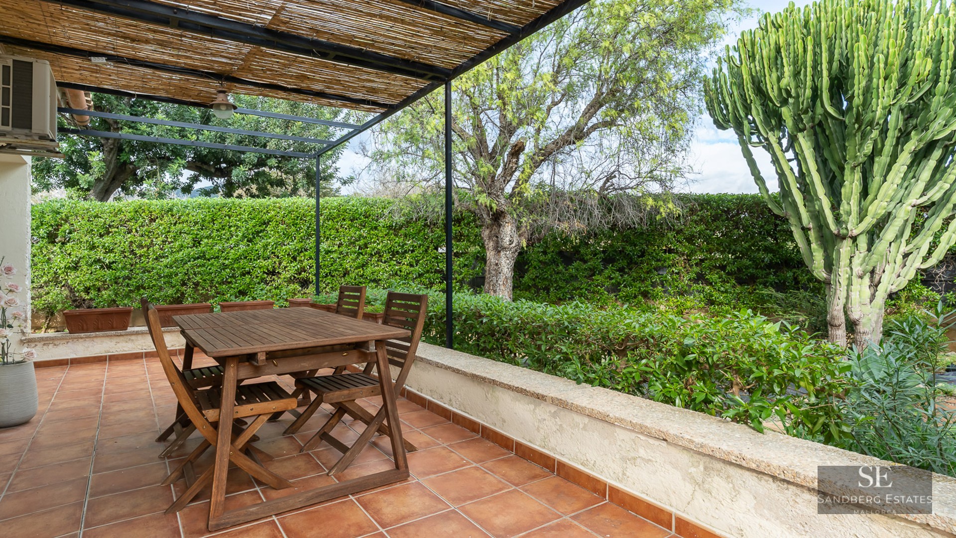 Wooden dining set under a reed pergola on a terracotta tiled terrace surrounded by lush greenery and a large cactus.