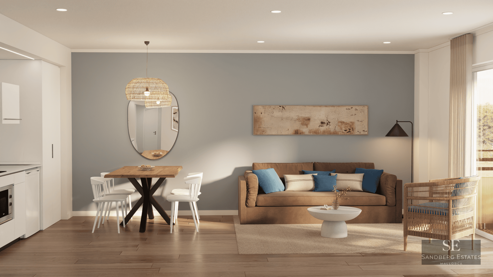 Salon moderne avec canapé marron, coin repas en bois, suspension en rotin et grandes fenêtres.