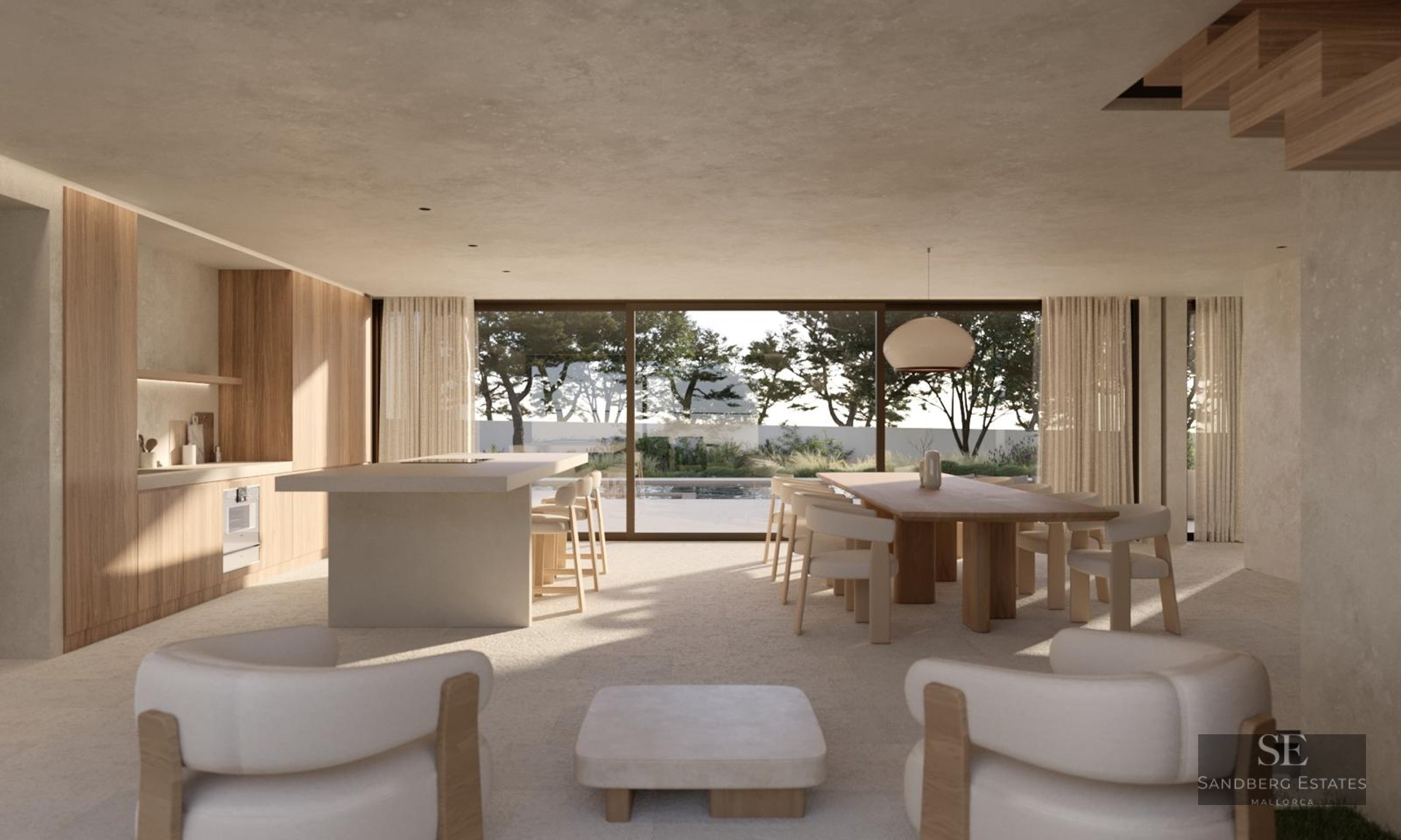 Large modern open-concept room with kitchen, dining table, and lounge area featuring floor-to-ceiling windows to a pool.