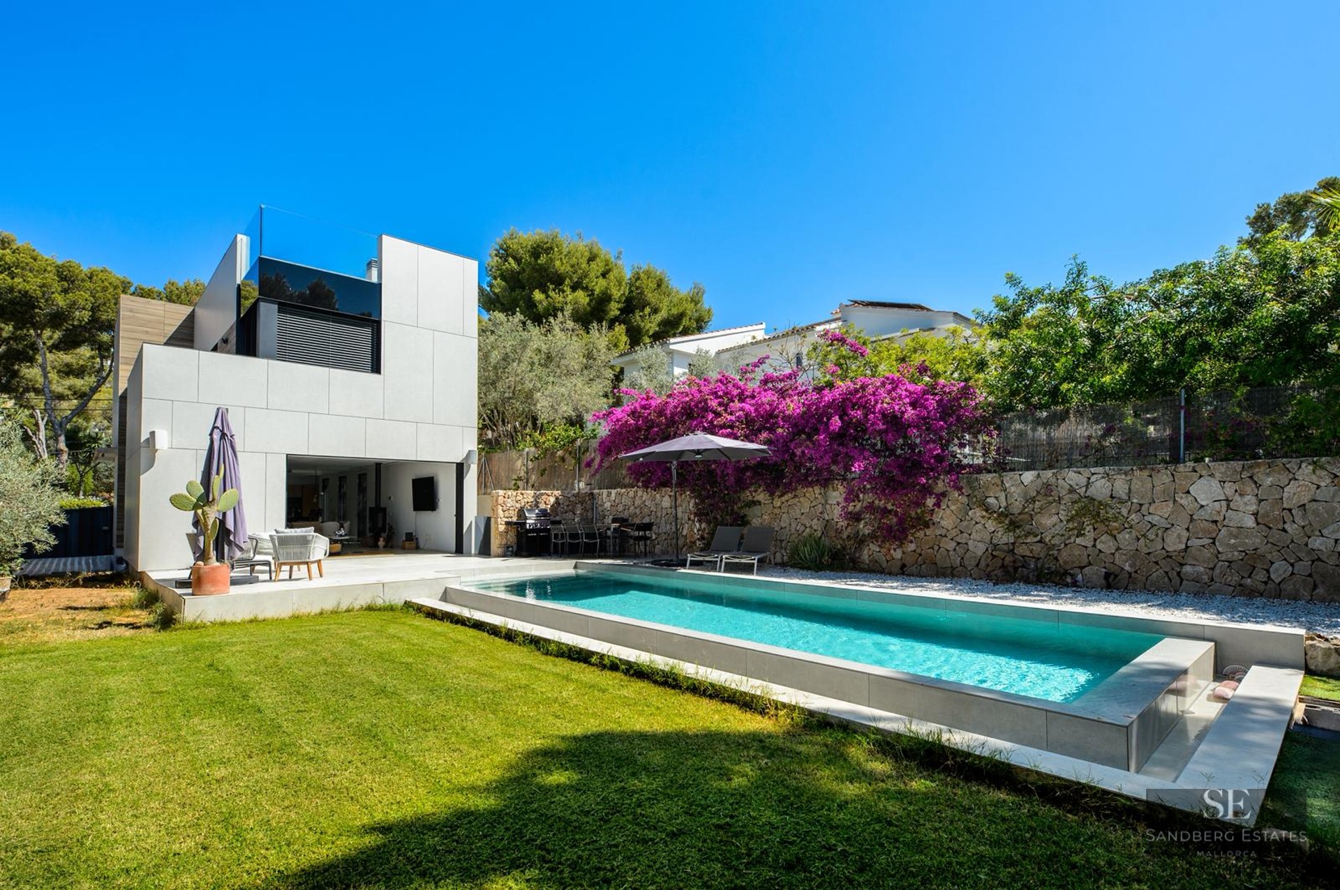 Modern rectangular swimming pool next to a white villa with purple bougainvillea and green lawn under a clear blue sky.