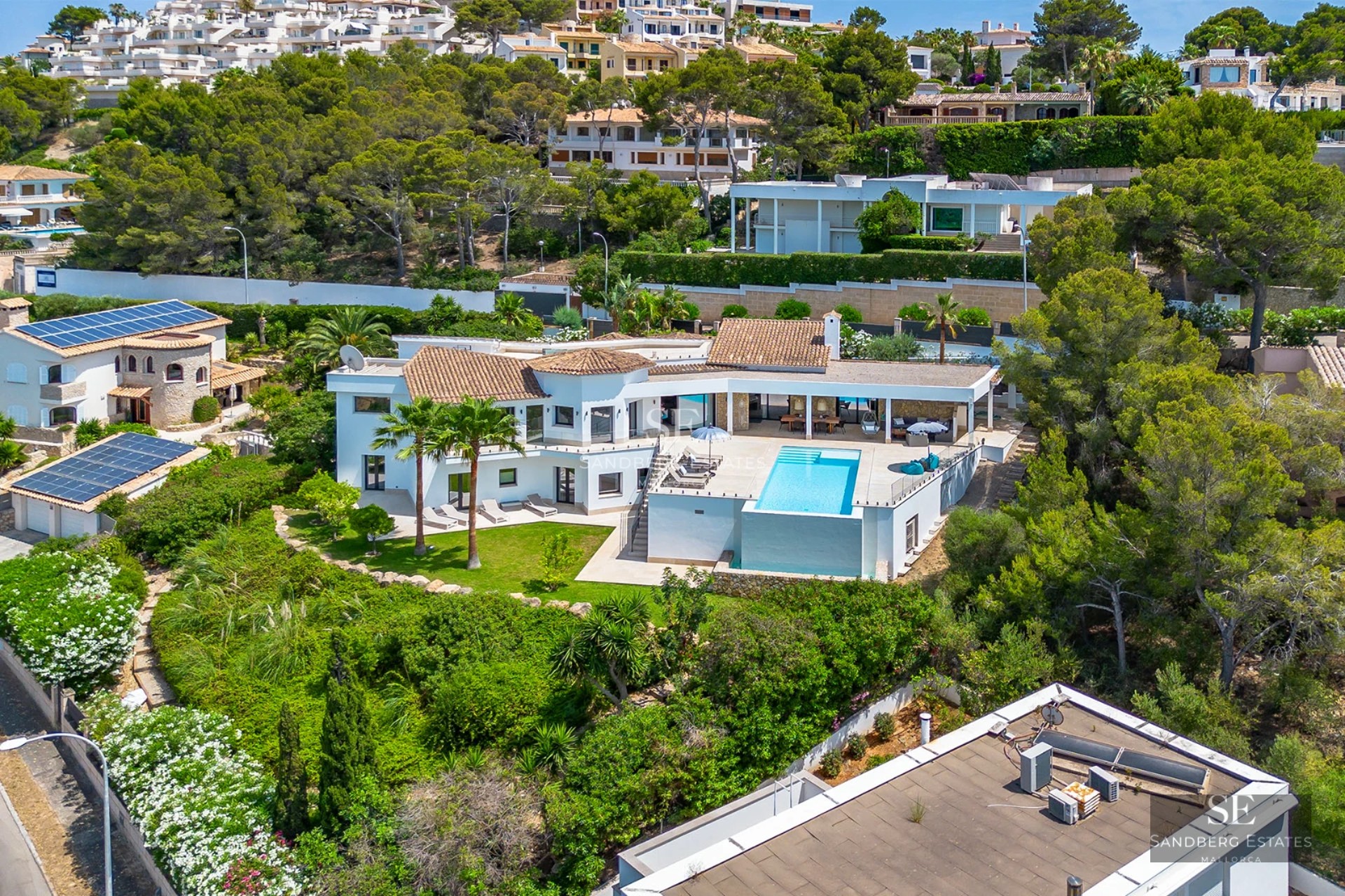 Exterior view of a modern house with a pool. Minimalist architecture, large windows, lush gardens, and elegant landscaping design.