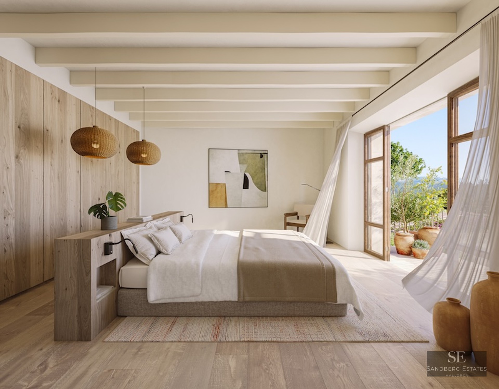 Master bedroom featuring light wood beams, neutral tones, and large open doors leading to a sunny terrace.